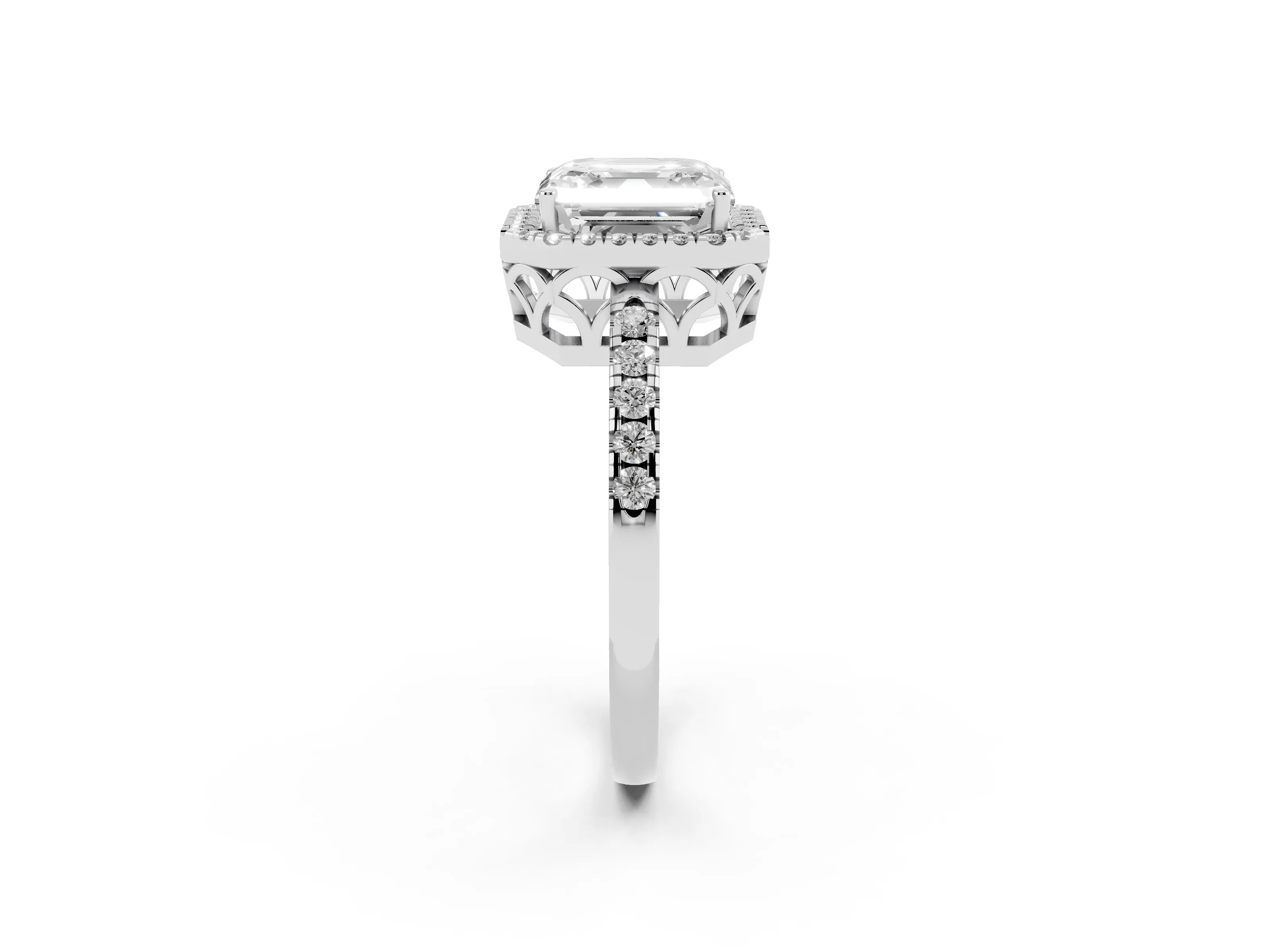 Asscher Cut Diamond Pavé Band Halo Engagement Ring Set in Silver with Prong Setting