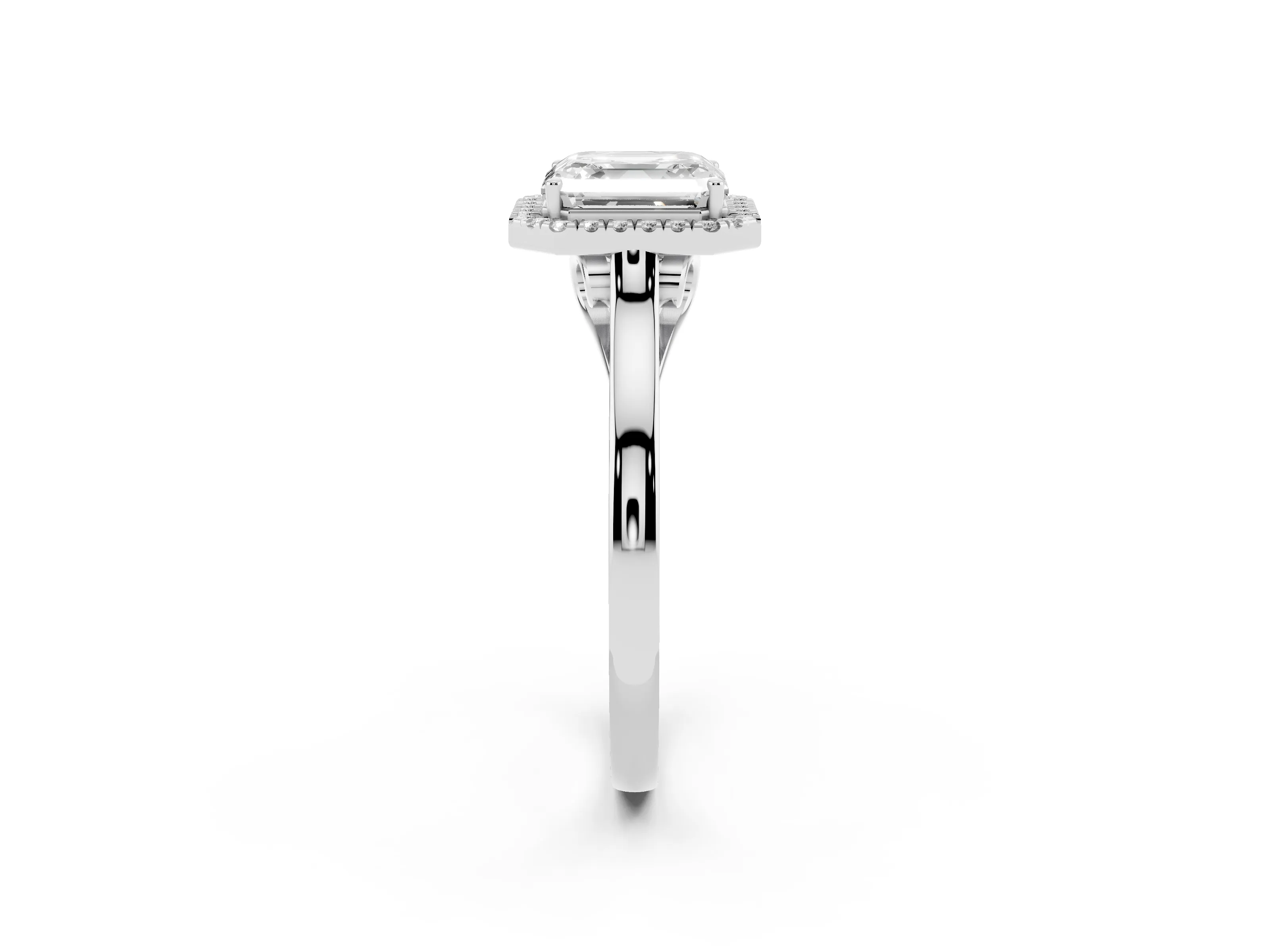 Asscher Cut Halo Round Diamond Solitaire Ring Set in Silver with Pavé Band and Prong Setting