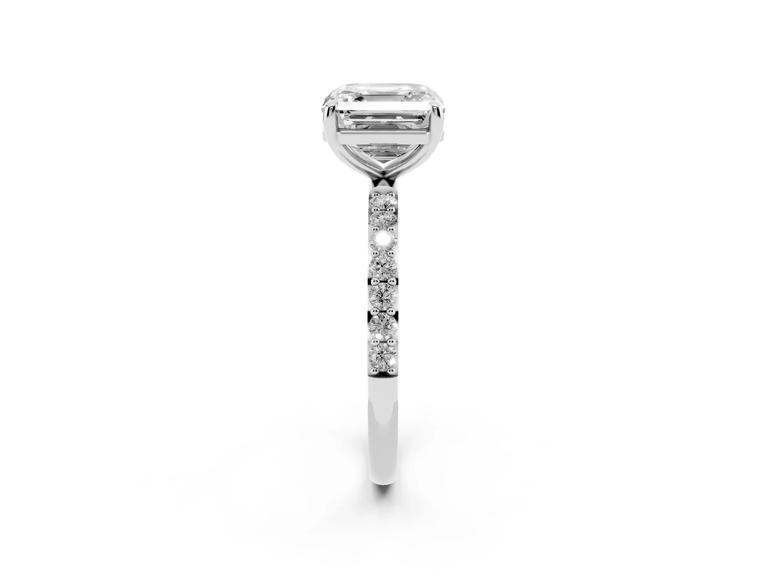 Asscher Cut Diamond Solitaire Ring Set in Silver with Round Pavé Band and Prong Setting
