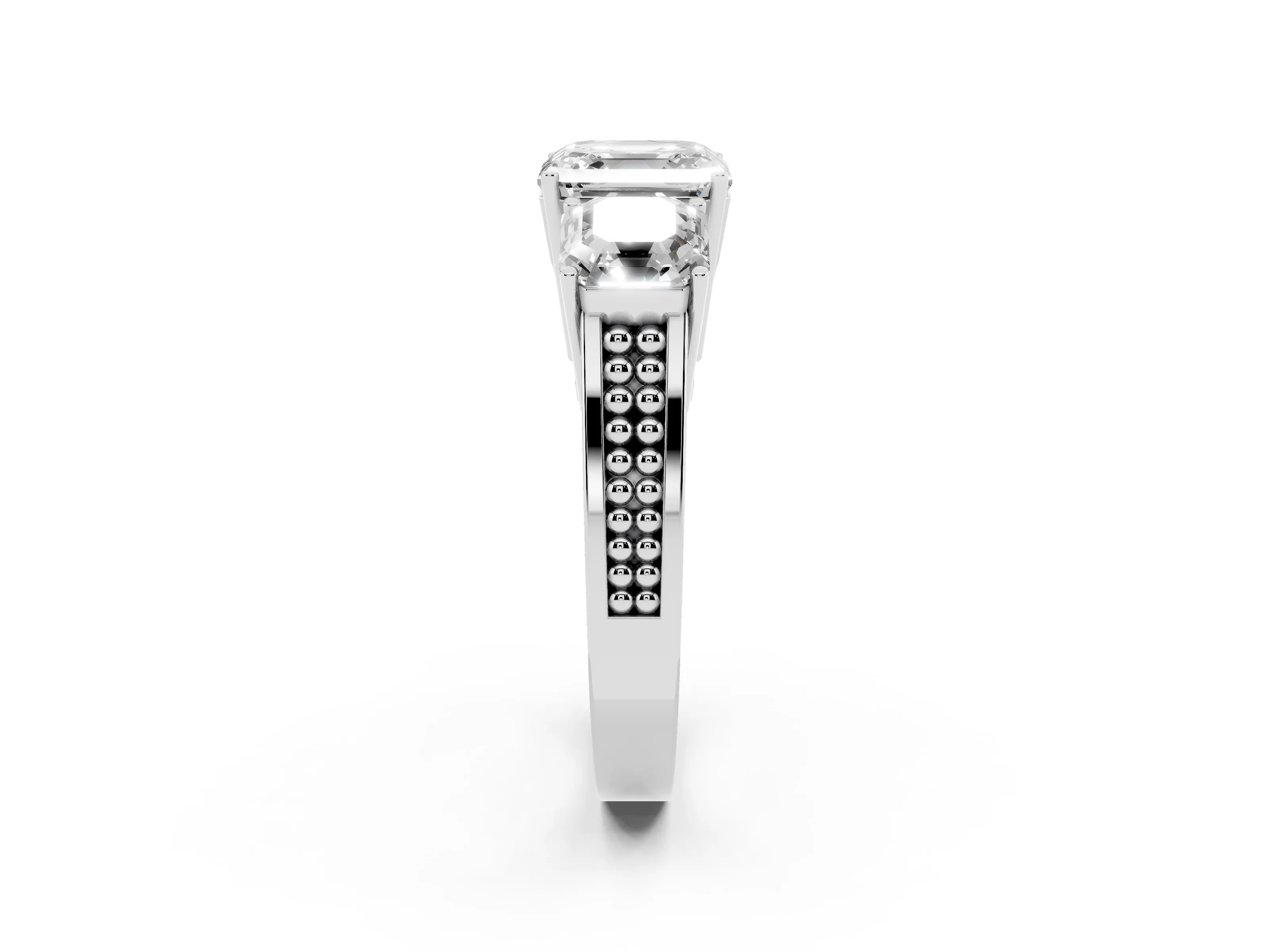 Asscher Cut Diamond Three-Stone Ring Set in White gold with Textured Band