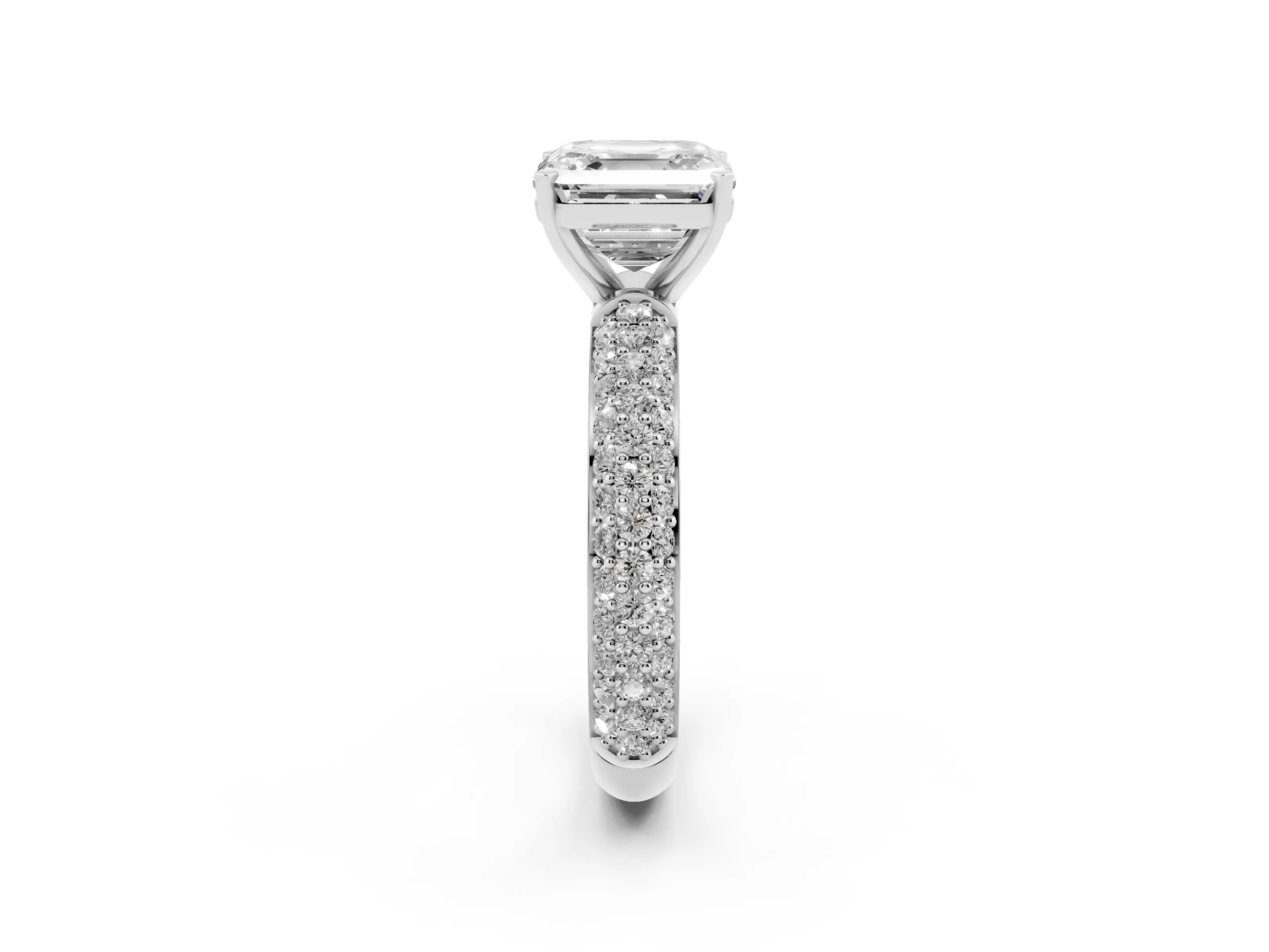 Asscher Cut Diamond Solitaire Ring Set in White gold with Prong Setting and Pavé-Set Band