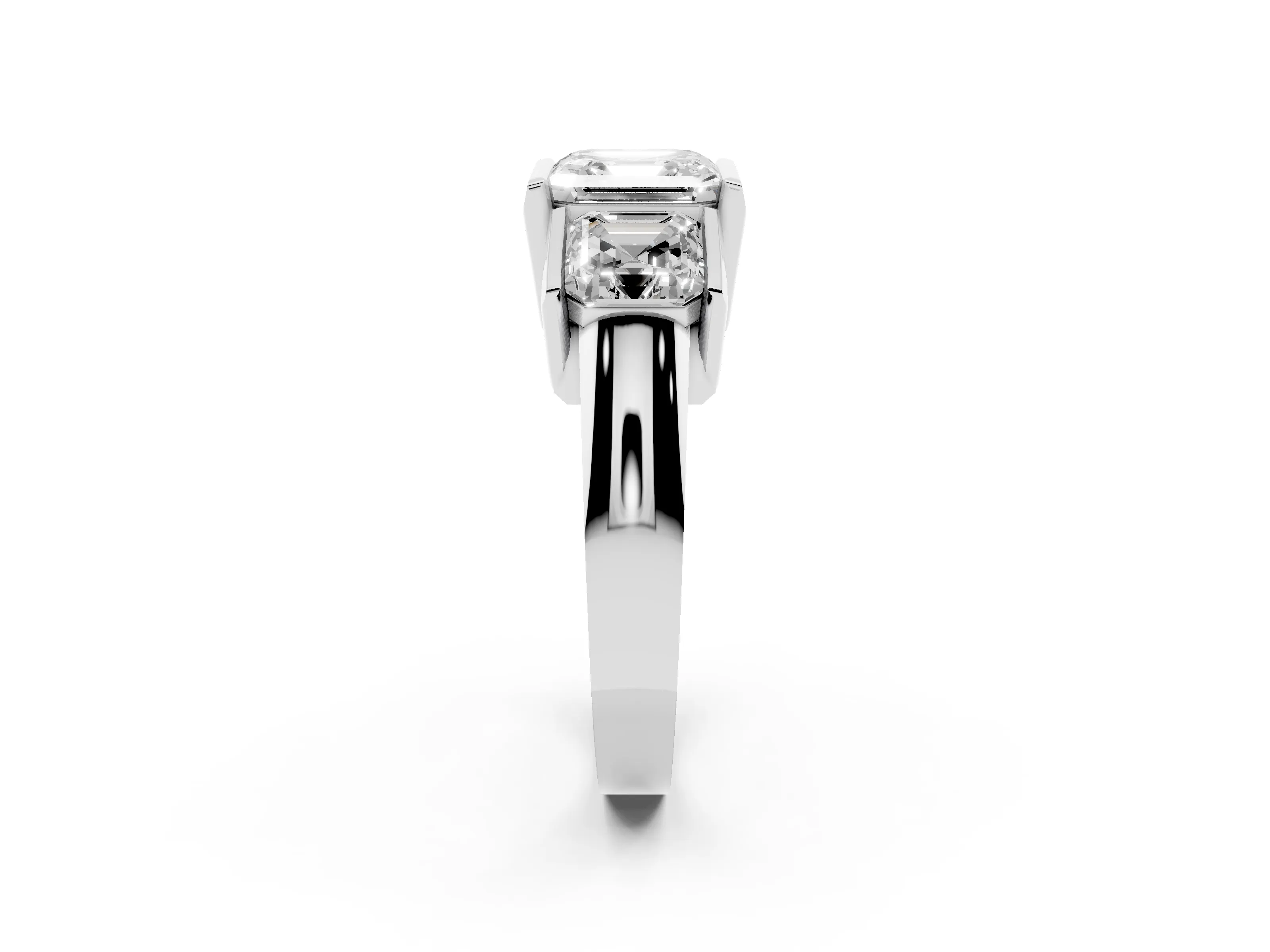 Asscher Cut Diamond Three-Stone Channel Set Ring Set in White gold with Smooth Polished Band