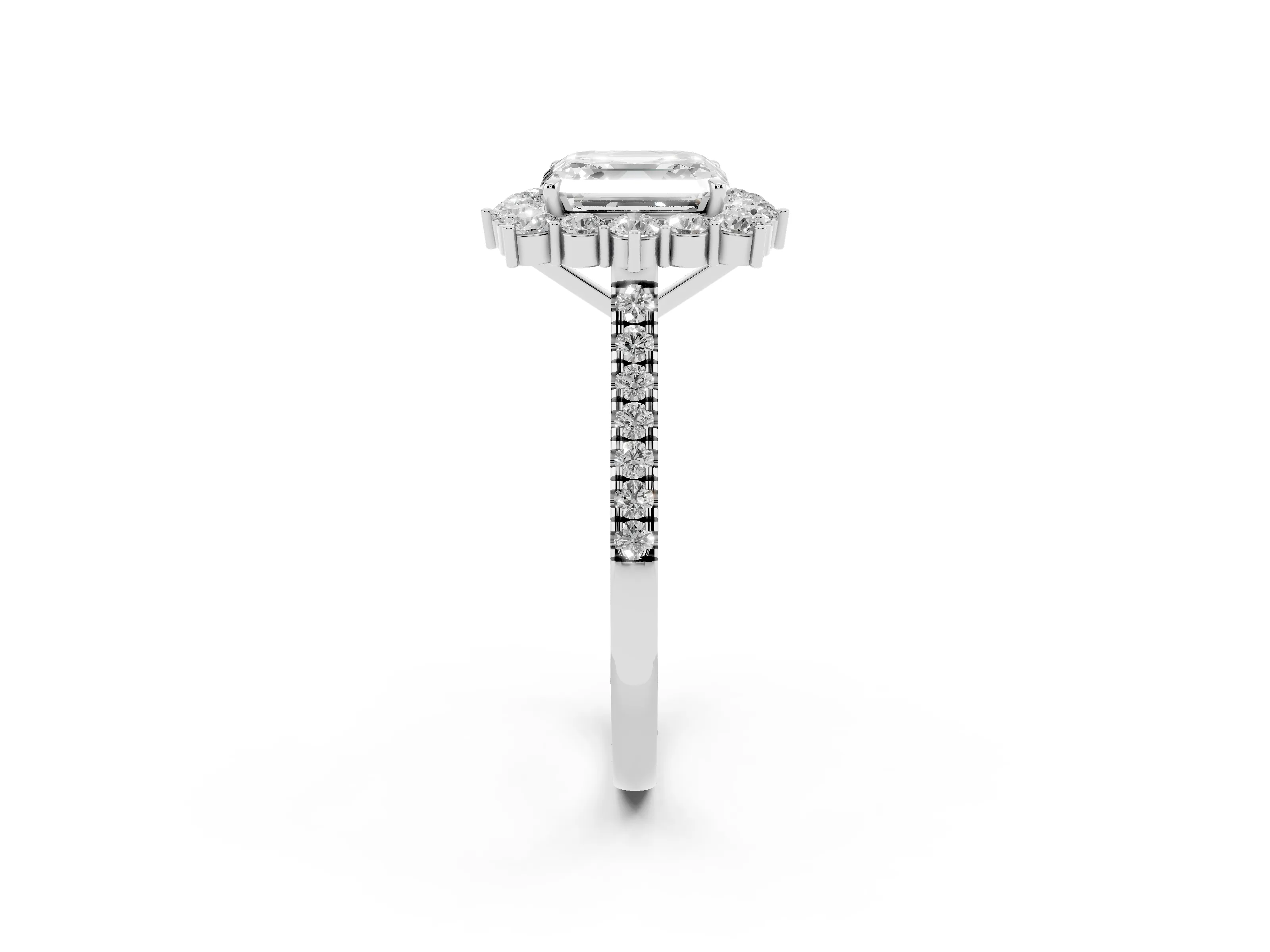 Asscher Cut Diamond Halo Ring Set in Silver with Pavé Band and Prong Setting