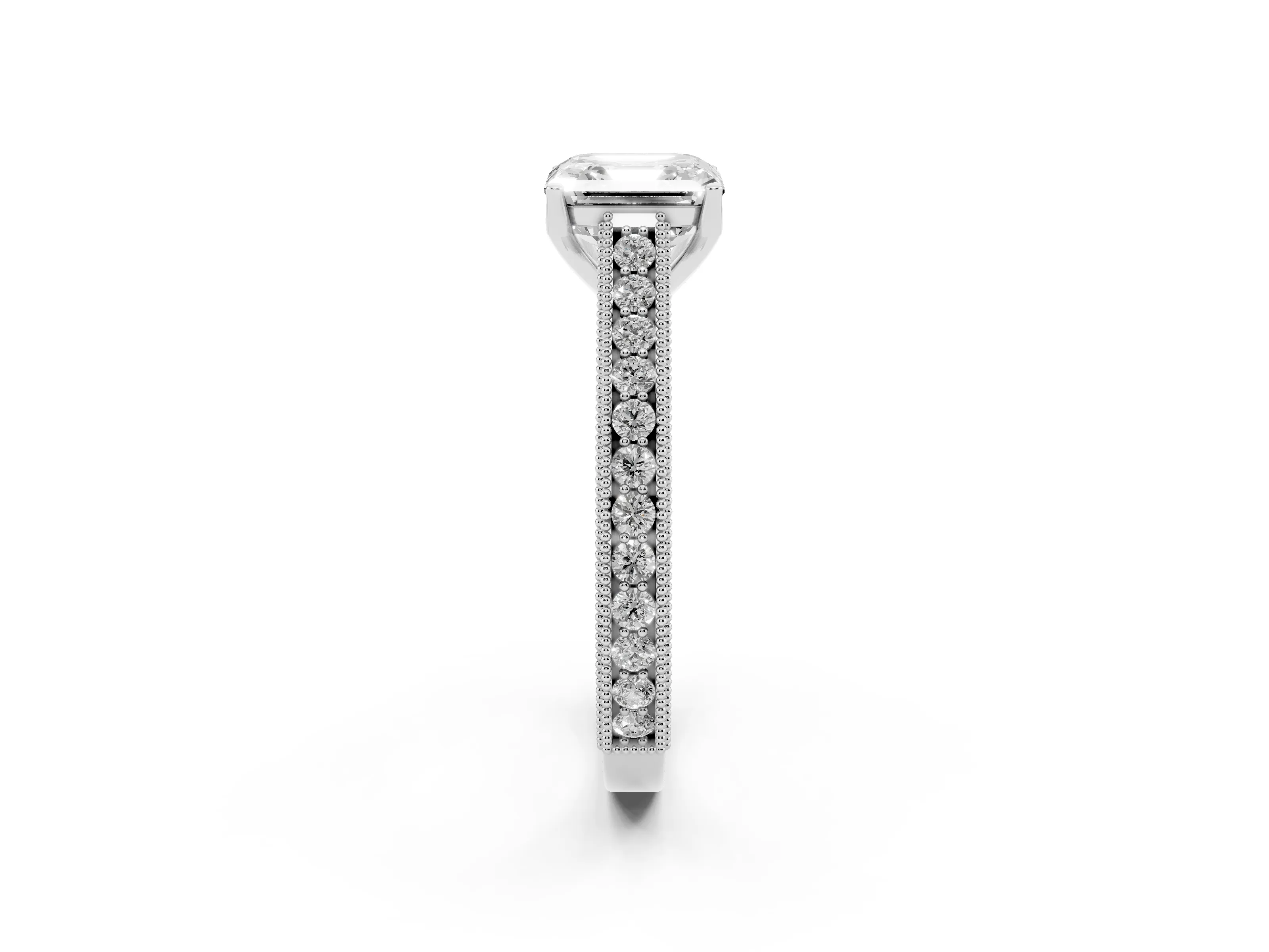 Asscher Cut Diamond Milgrain Pavé Band Solitaire Ring Set in Platinum with Prong Setting