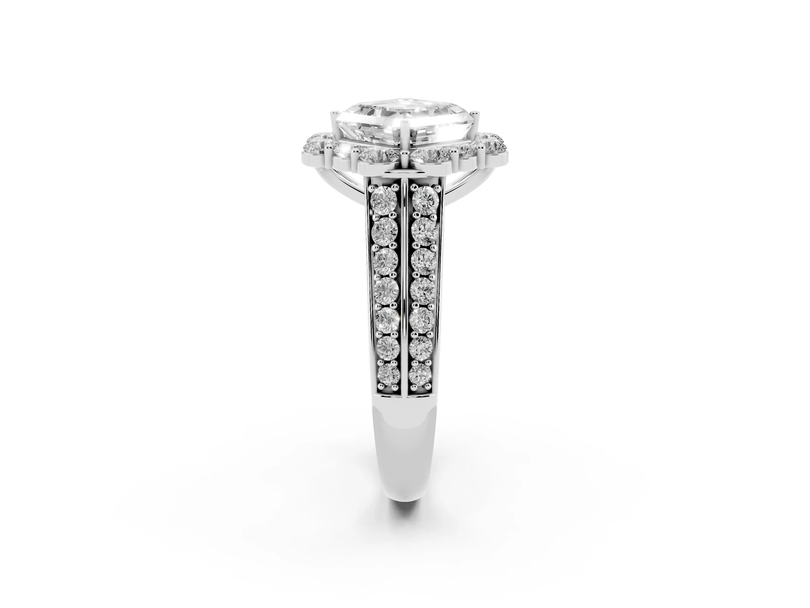 Asscher Cut Diamond Halo Engagement Ring Set in Silver with Split Shank and Prong Setting