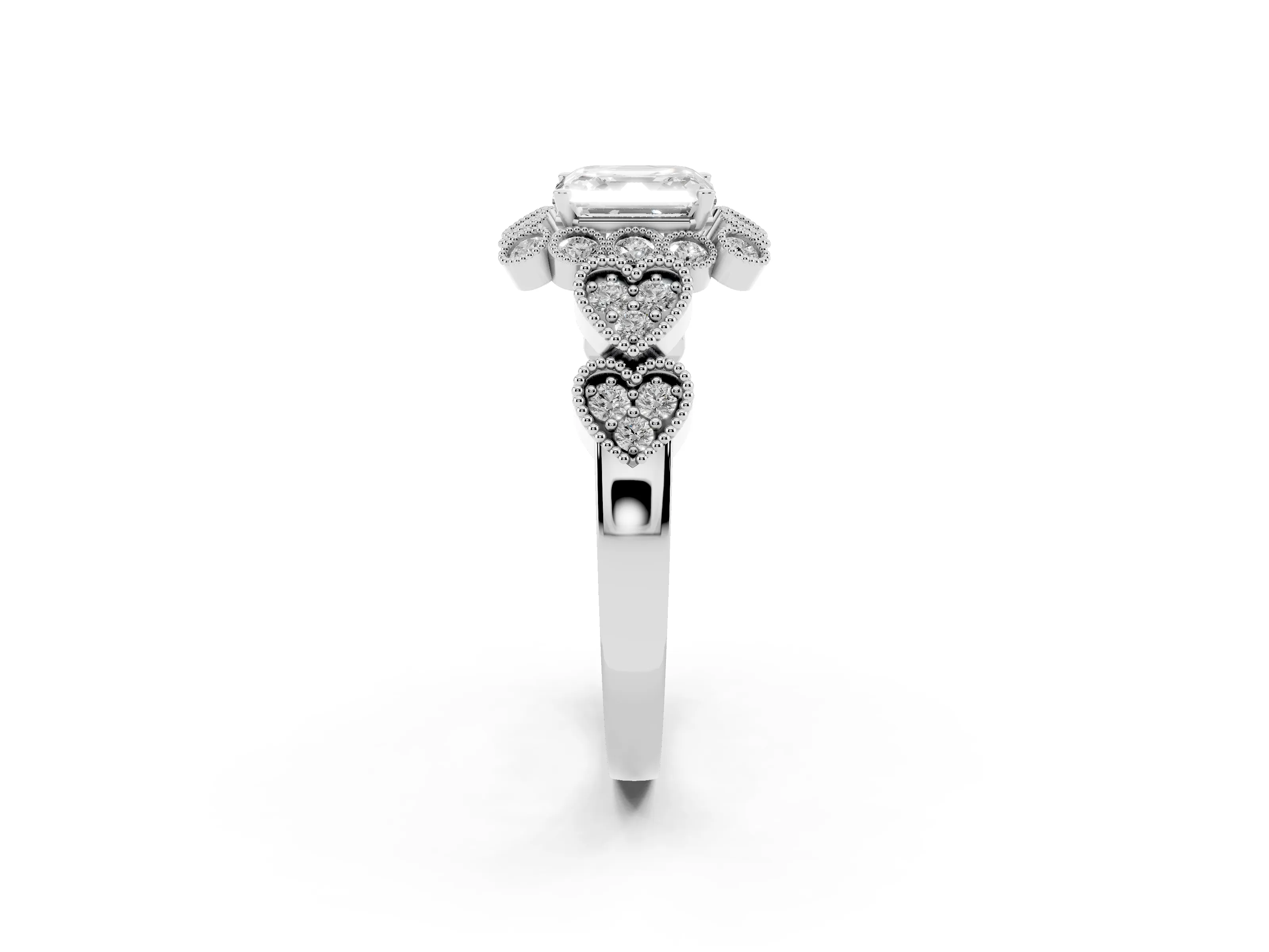 Asscher Cut Diamond Solitaire Ring Set in Silver with Milgrain Pavé Heart Band