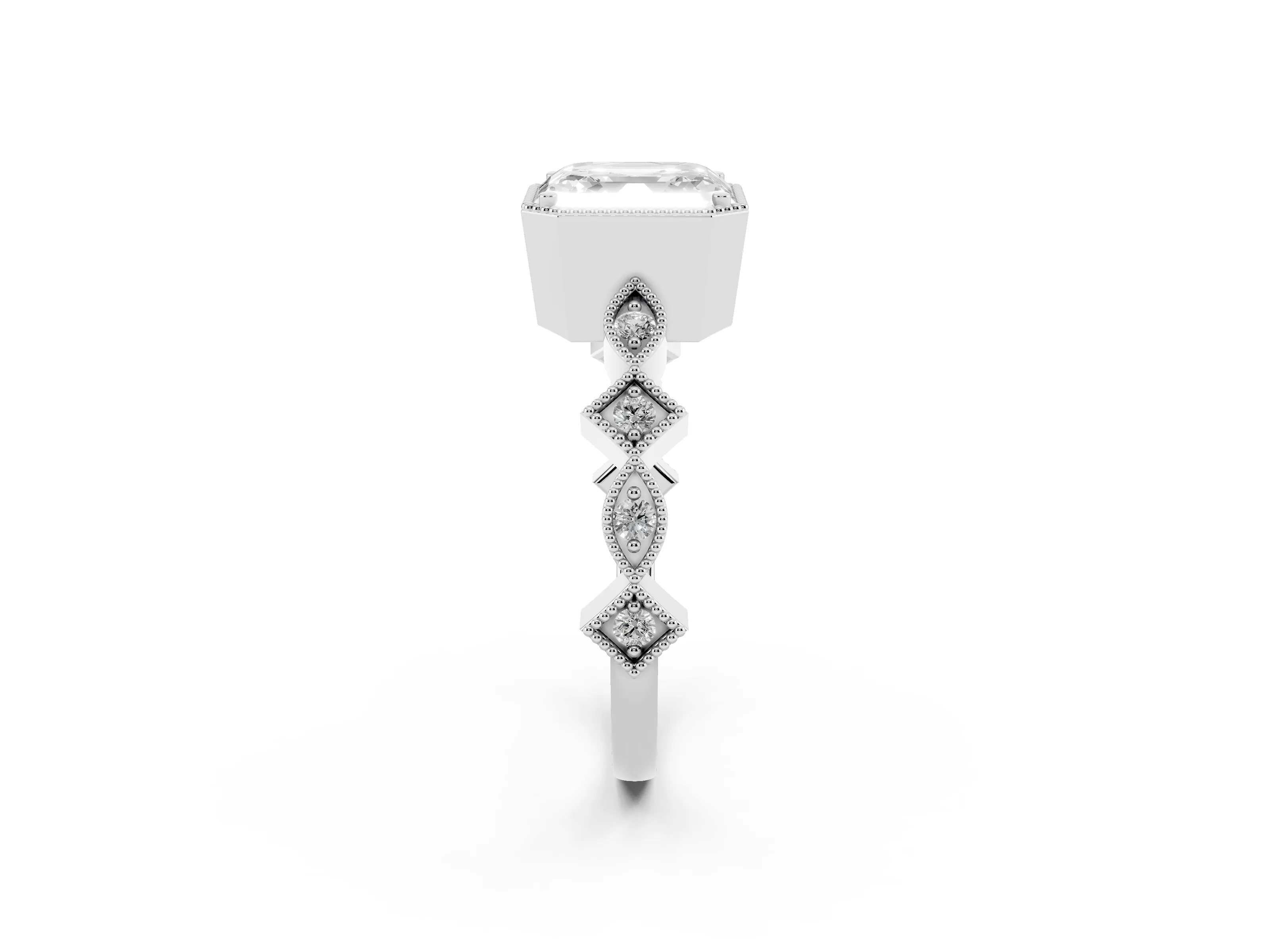Asscher Cut Diamond Milgrain Marquise Twist Band Ring Set in White gold with Prong Setting