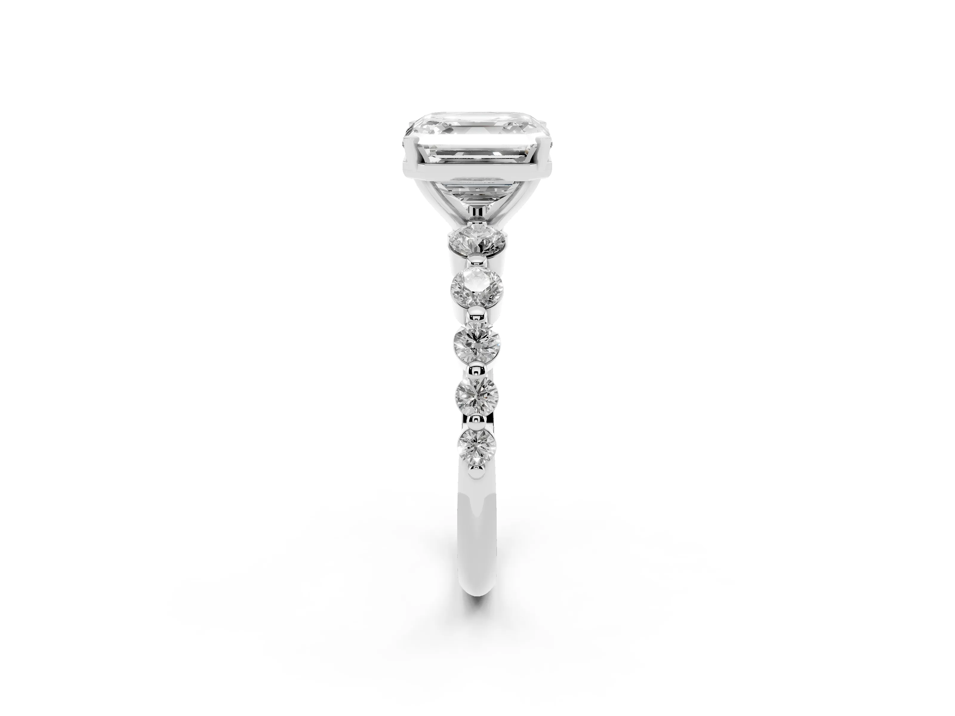 Asscher Cut Diamond Solitaire Ring Set in White gold with Pavé Band and Prong Setting