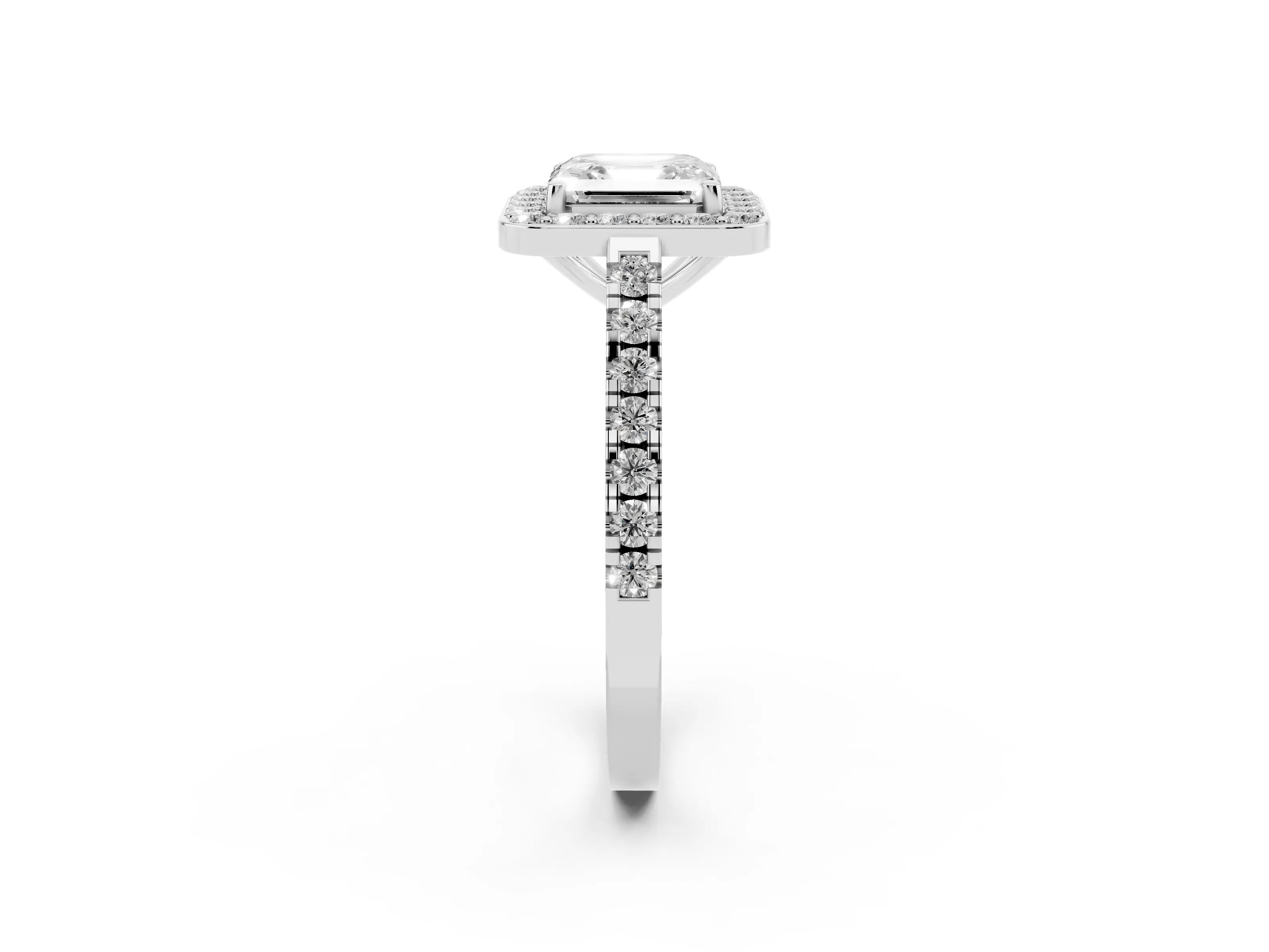Asscher Cut Diamond Halo Ring Set in White gold with Round Pavé Split Shank and Prong Setting