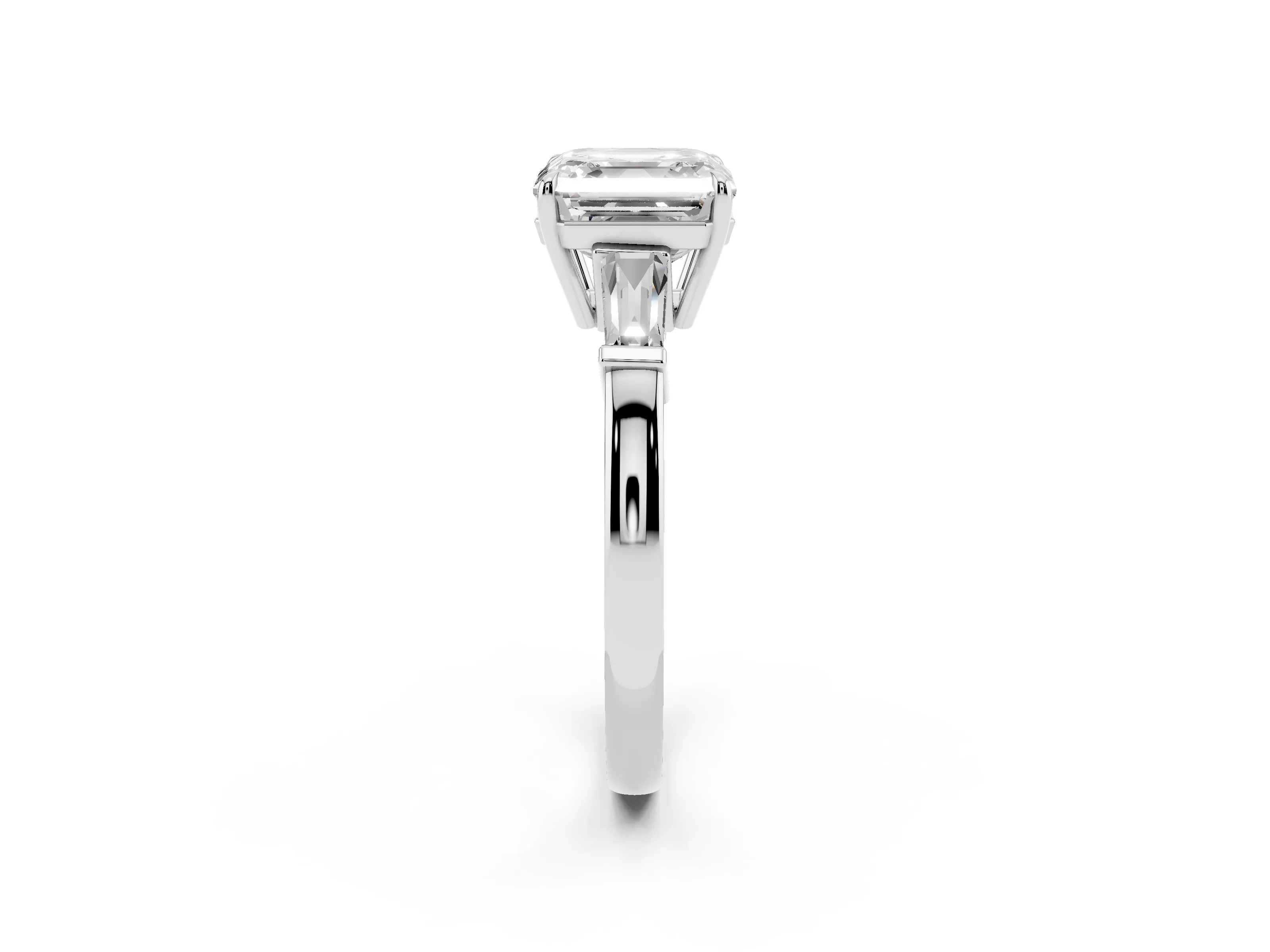 Asscher Cut Diamond Three-Stone Ring Set in White gold with Tapered Baguette Side Stones and Prong Setting