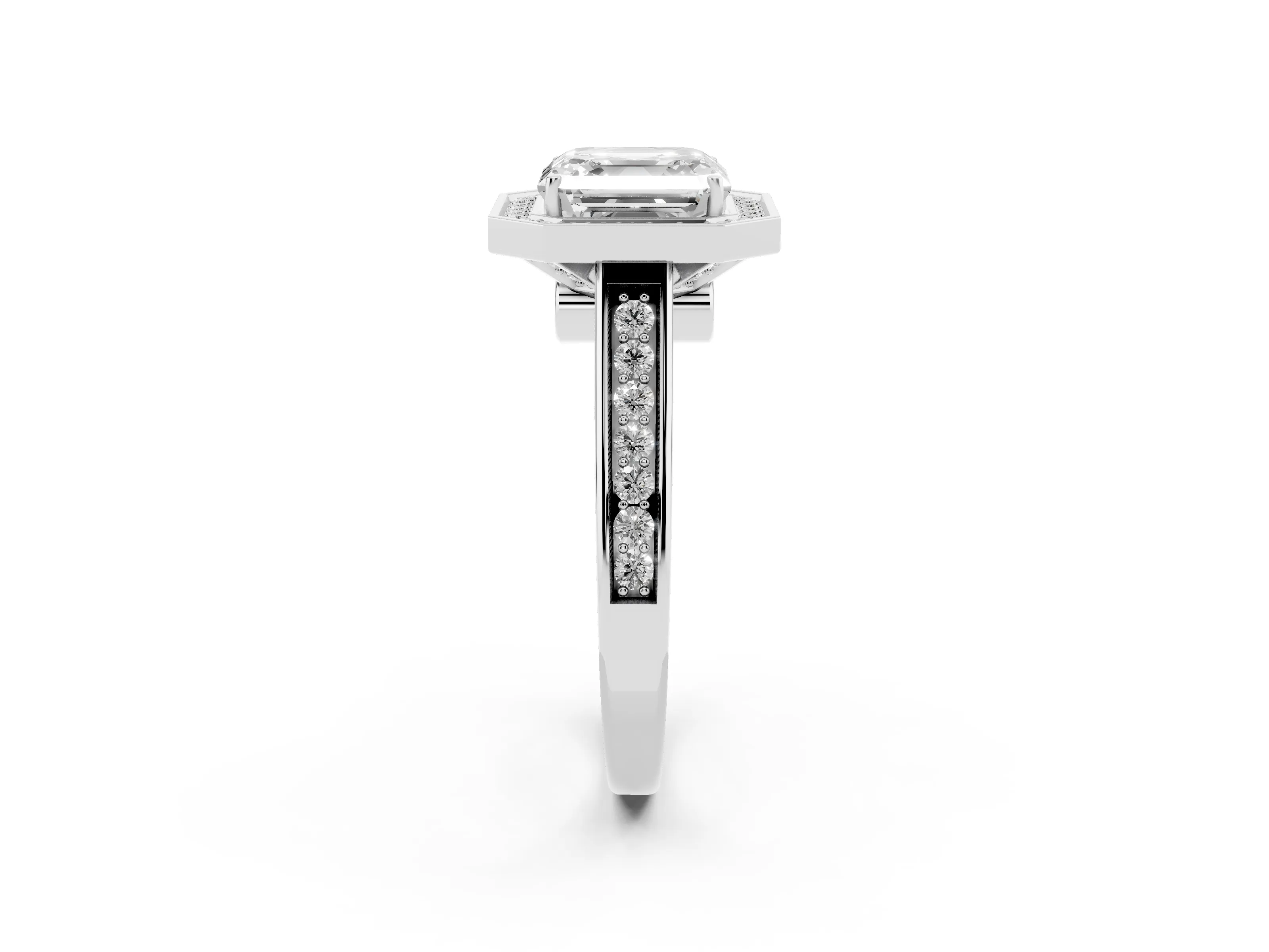 Asscher Cut Diamond Halo Solitaire Ring Set in Platinum with Pavé Band and Bezel Setting