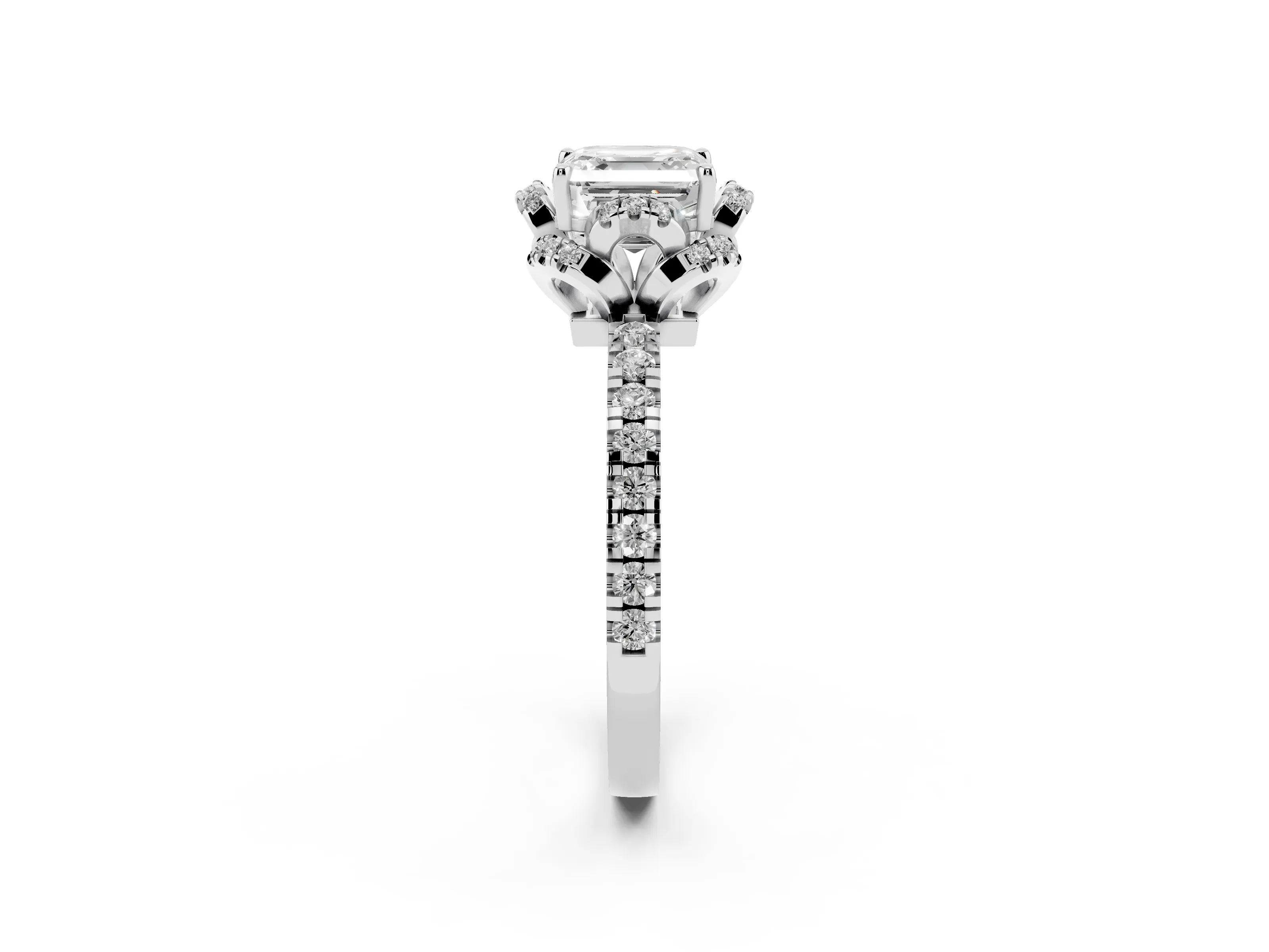 Asscher Cut Diamond Halo Pavé Ring Set in White gold with Prong-Held Center Stone