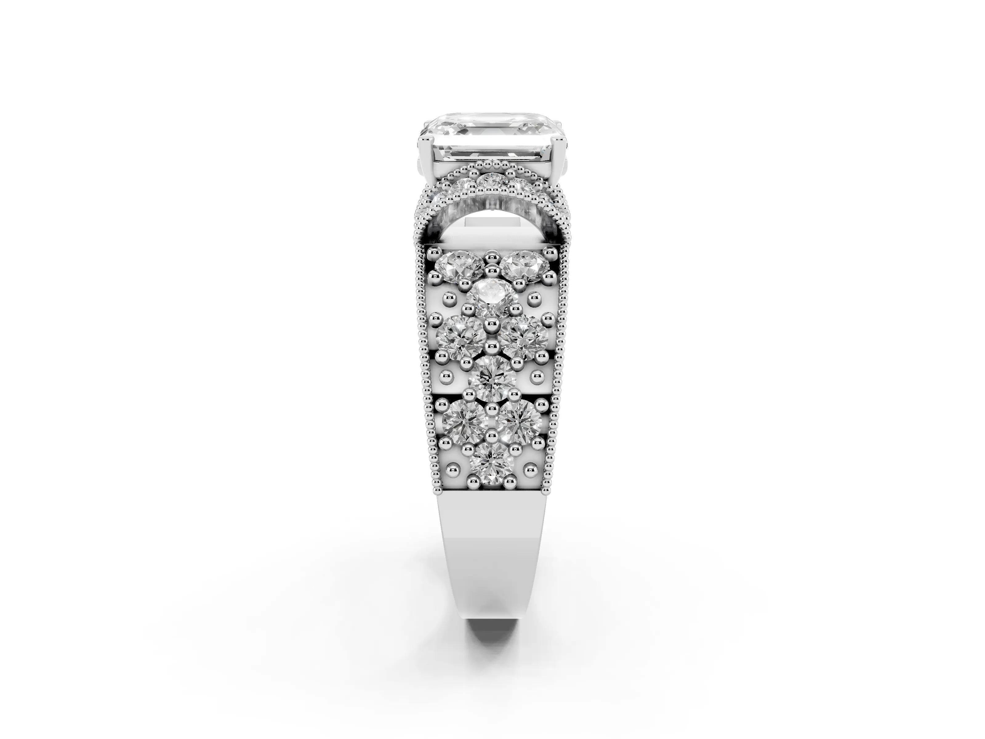 Asscher Cut Diamond Milgrain Halo Pavé Engagement Ring Set in Silver with Prong Setting