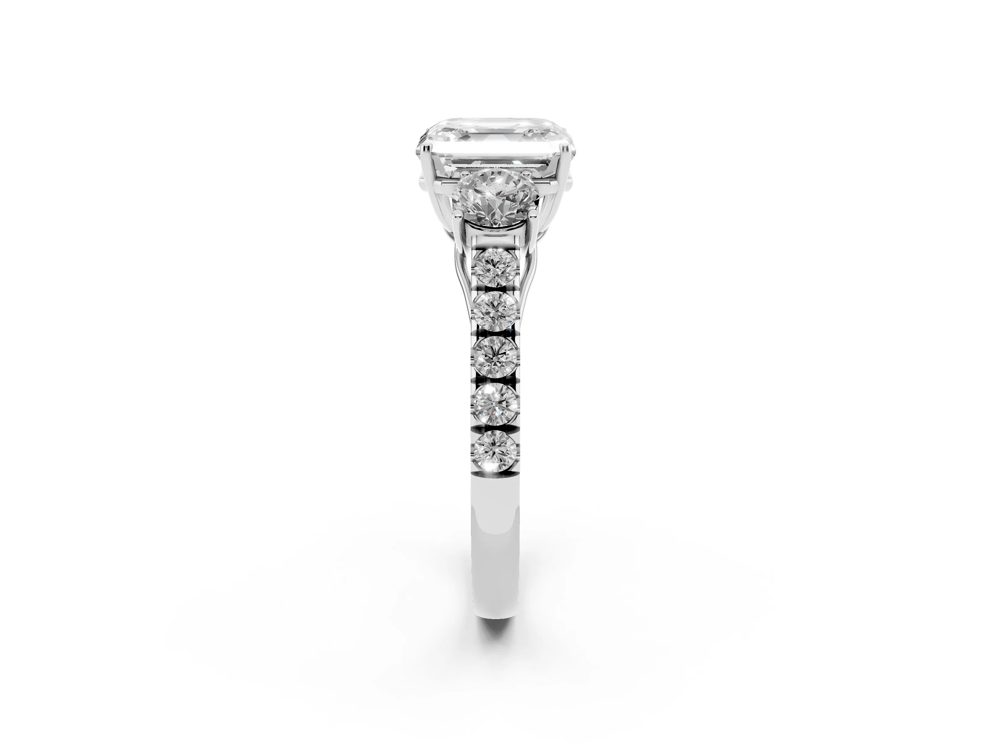 Asscher Cut Diamond Three-Stone Ring Set in White gold with Round Side Stones and Delicate Pavé Band
