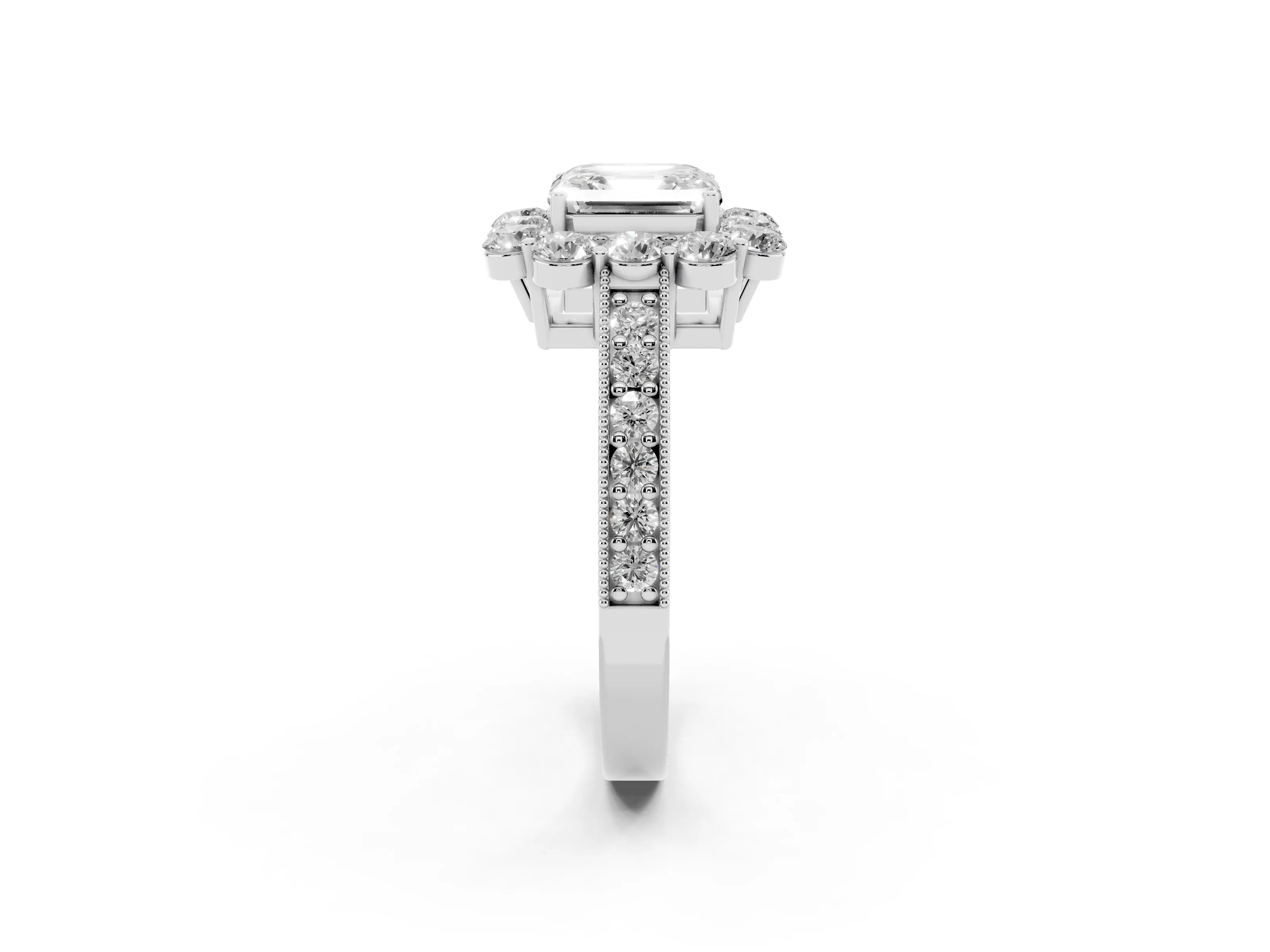 Asscher Cut Diamond Halo Pavé Engagement Ring Set in White gold with Milgrain Detailing