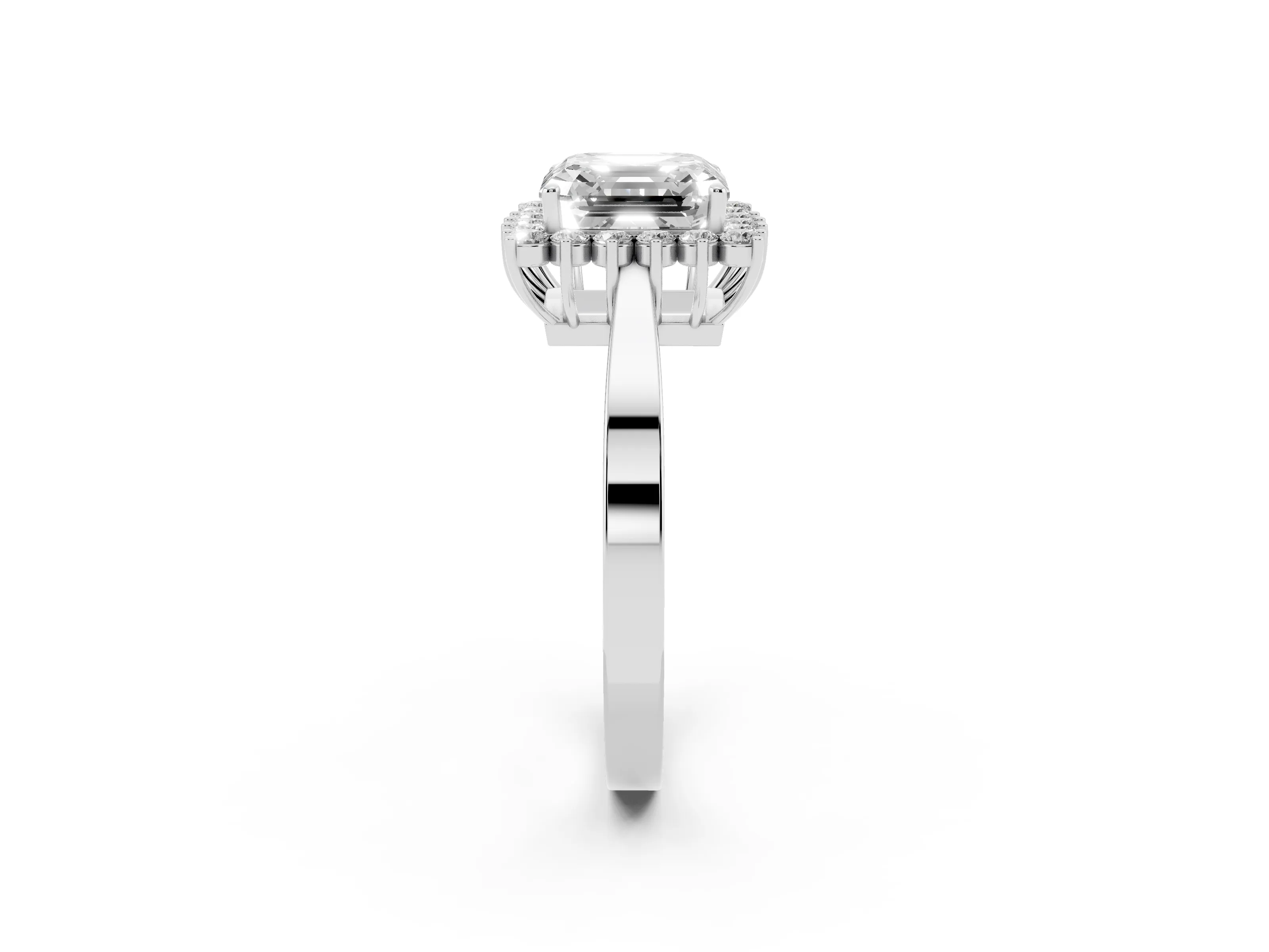 Asscher Cut Diamond Halo Ring Set in White gold with Round Halo and Smooth Solitaire Band