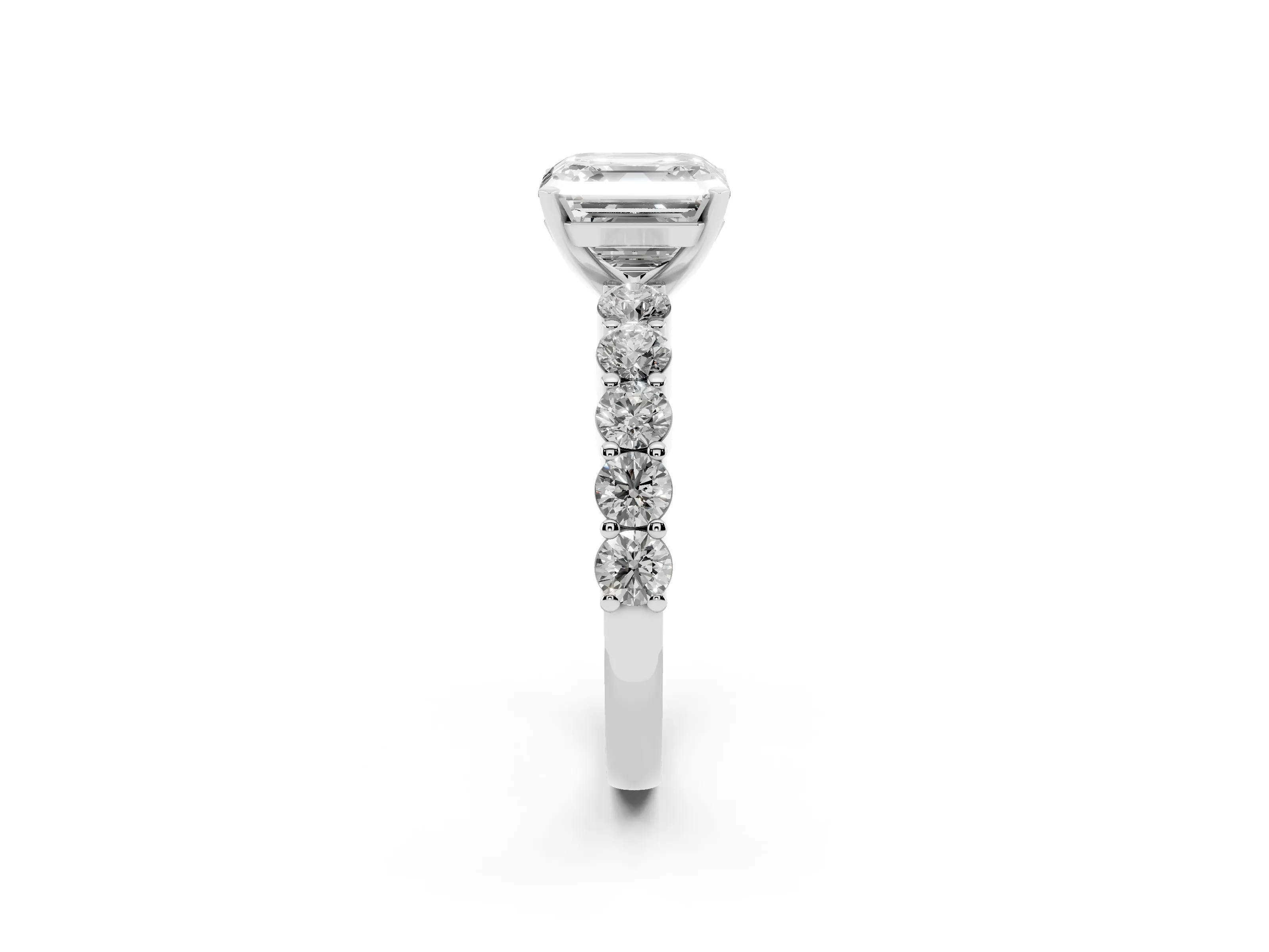 Asscher Cut Diamond Solitaire Ring Set in Silver with Shared Prong Round Side Stones