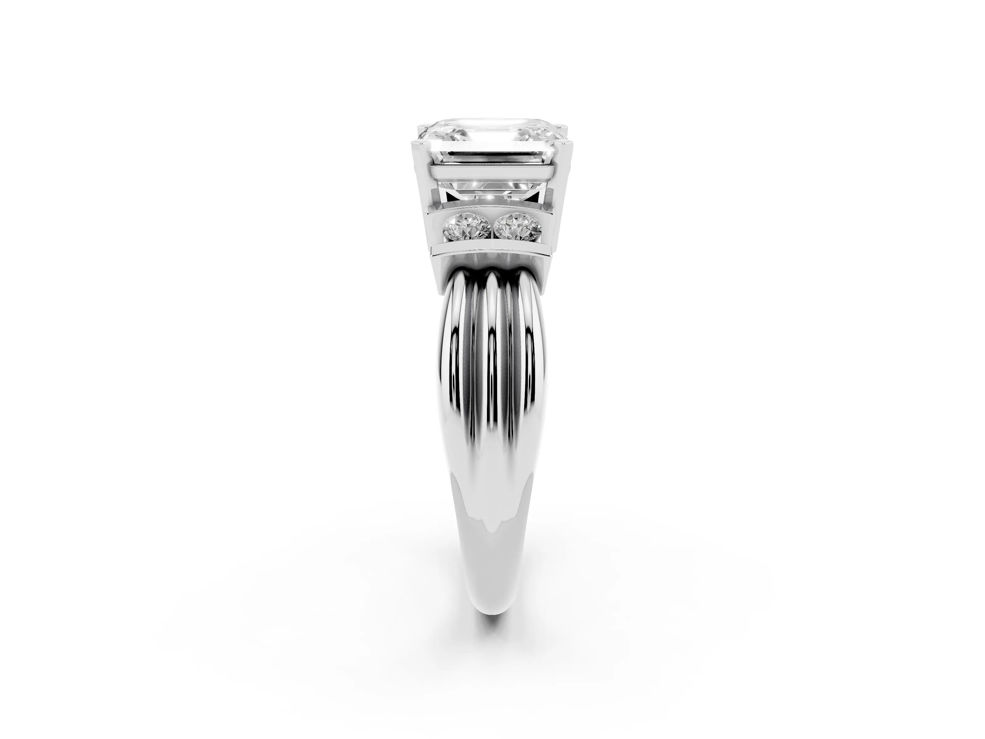 Three-Stone Asscher Cut Diamond Channel Set Ring Set in Silver with Bar Prongs