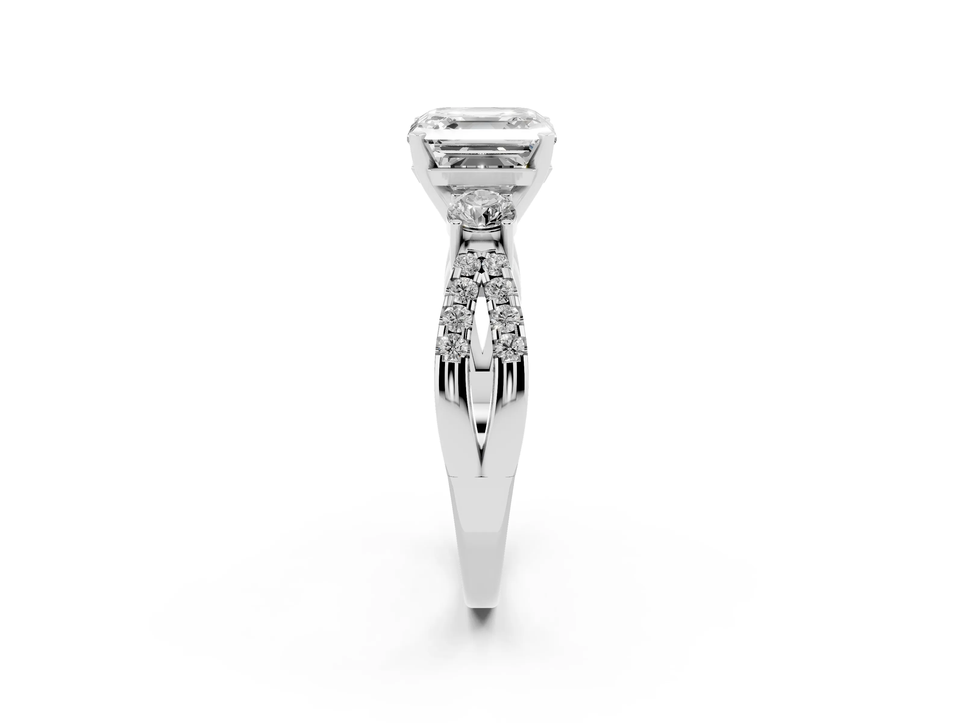 Asscher Cut Diamond Three-Stone Ring Set in Platinum with Pavé Split Shank and Prong Setting