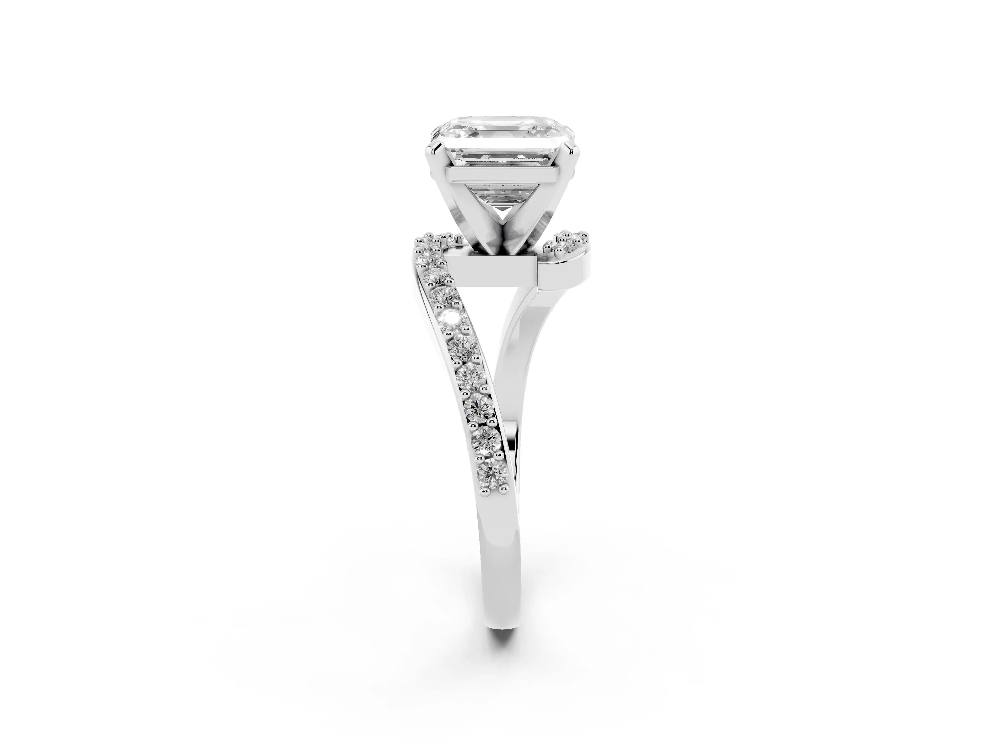 Asscher Cut Diamond Solitaire Ring Set in Platinum with Pavé Twist Band and Prong Setting