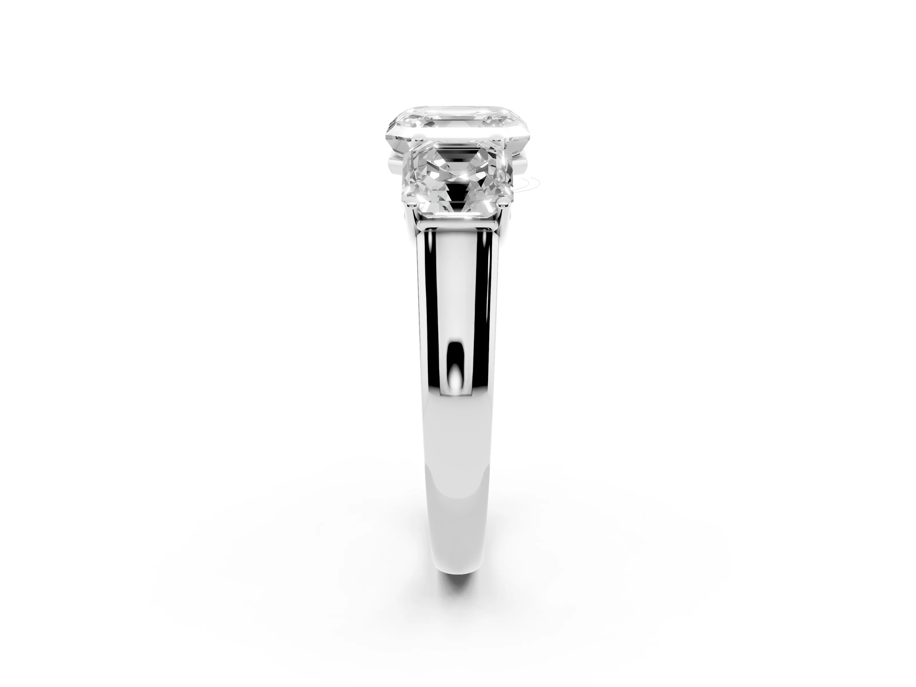 Asscher Cut Diamond Three-Stone Ring Set in White gold with Plain Polished Band