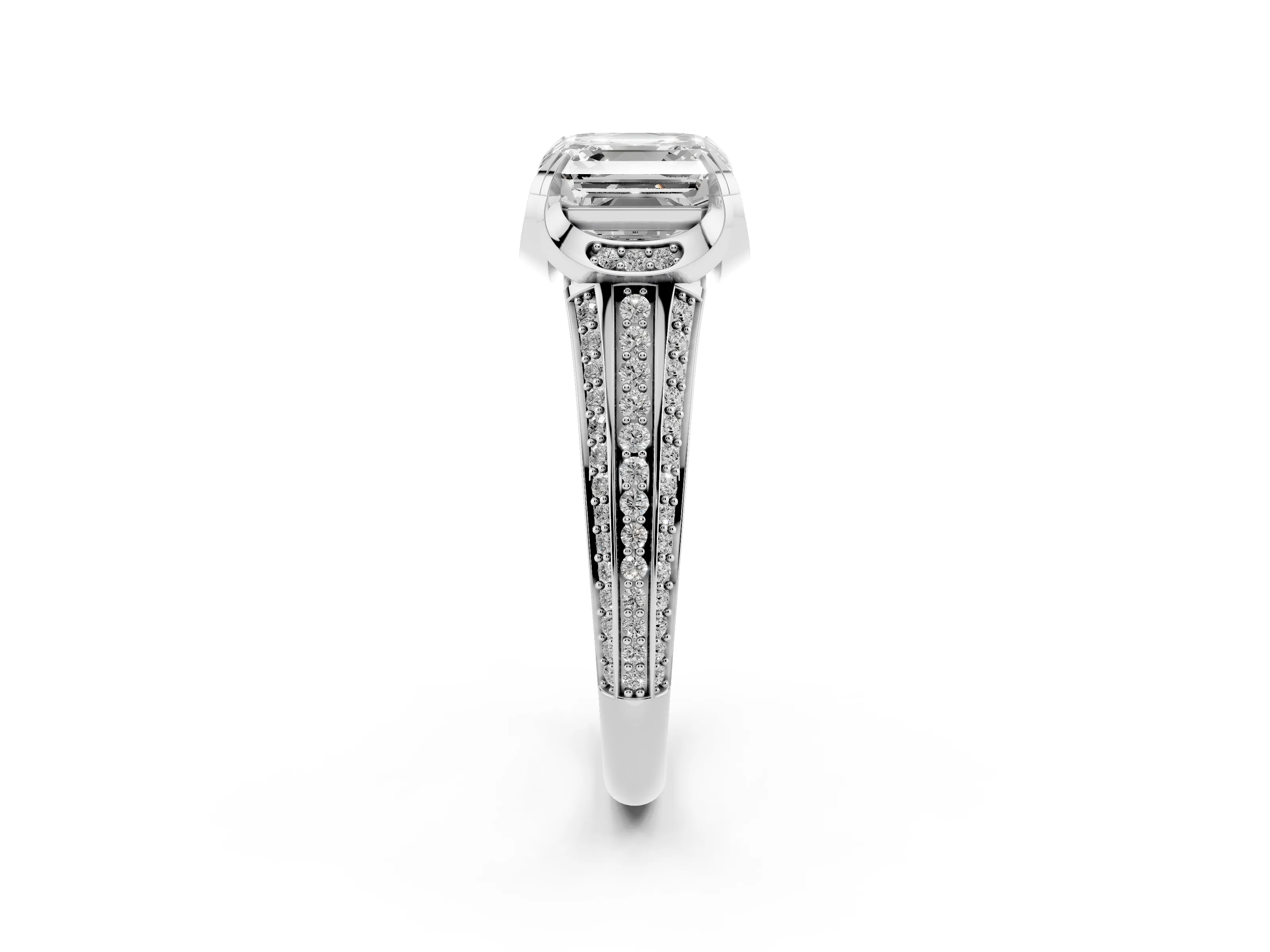 Asscher Cut Diamond Pavé Split Shank Solitaire Ring Set in Silver with Prong Setting
