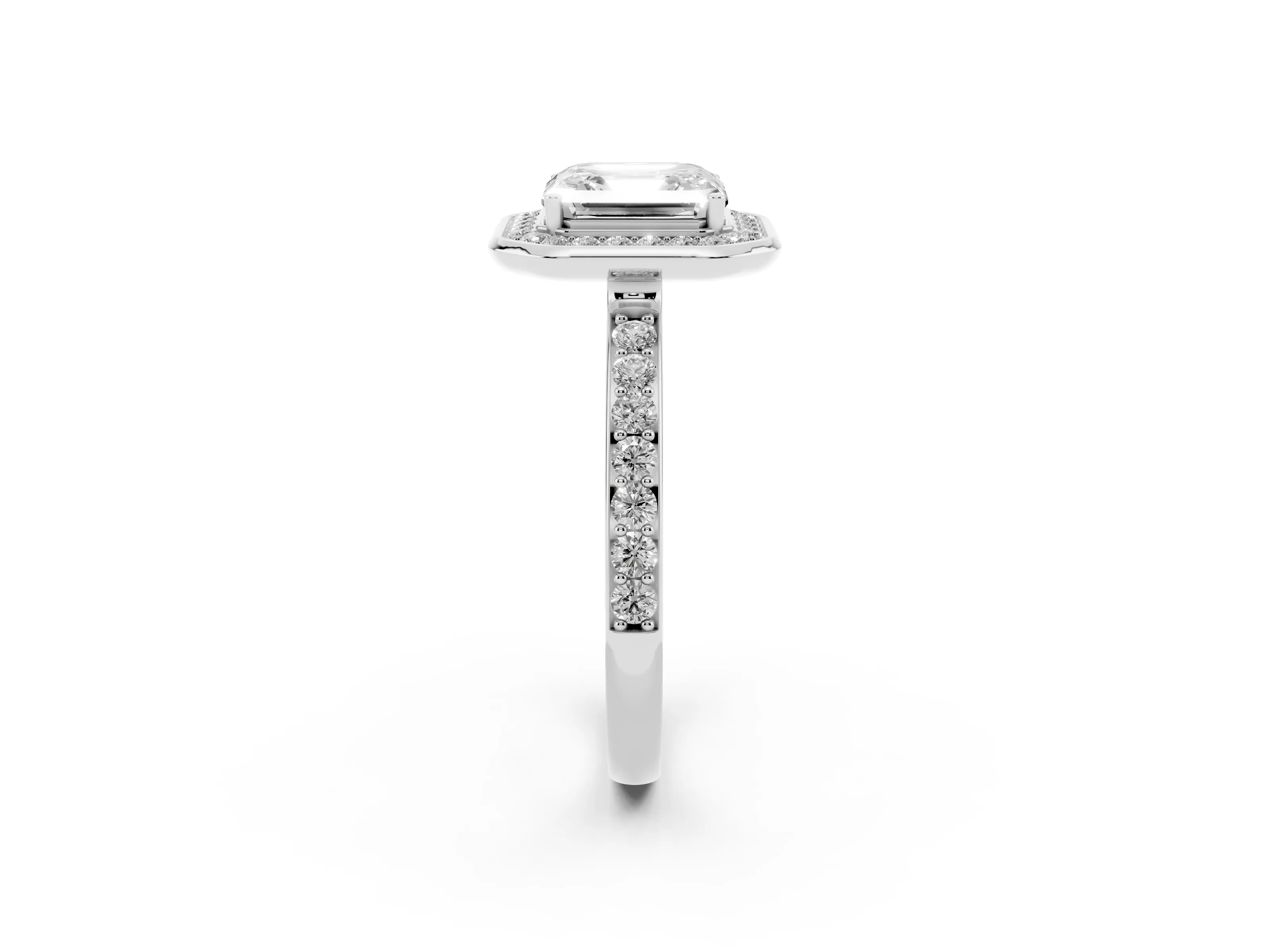 Asscher Cut Diamond Halo Ring Set in White gold with Bezel Frame and Pavé Band