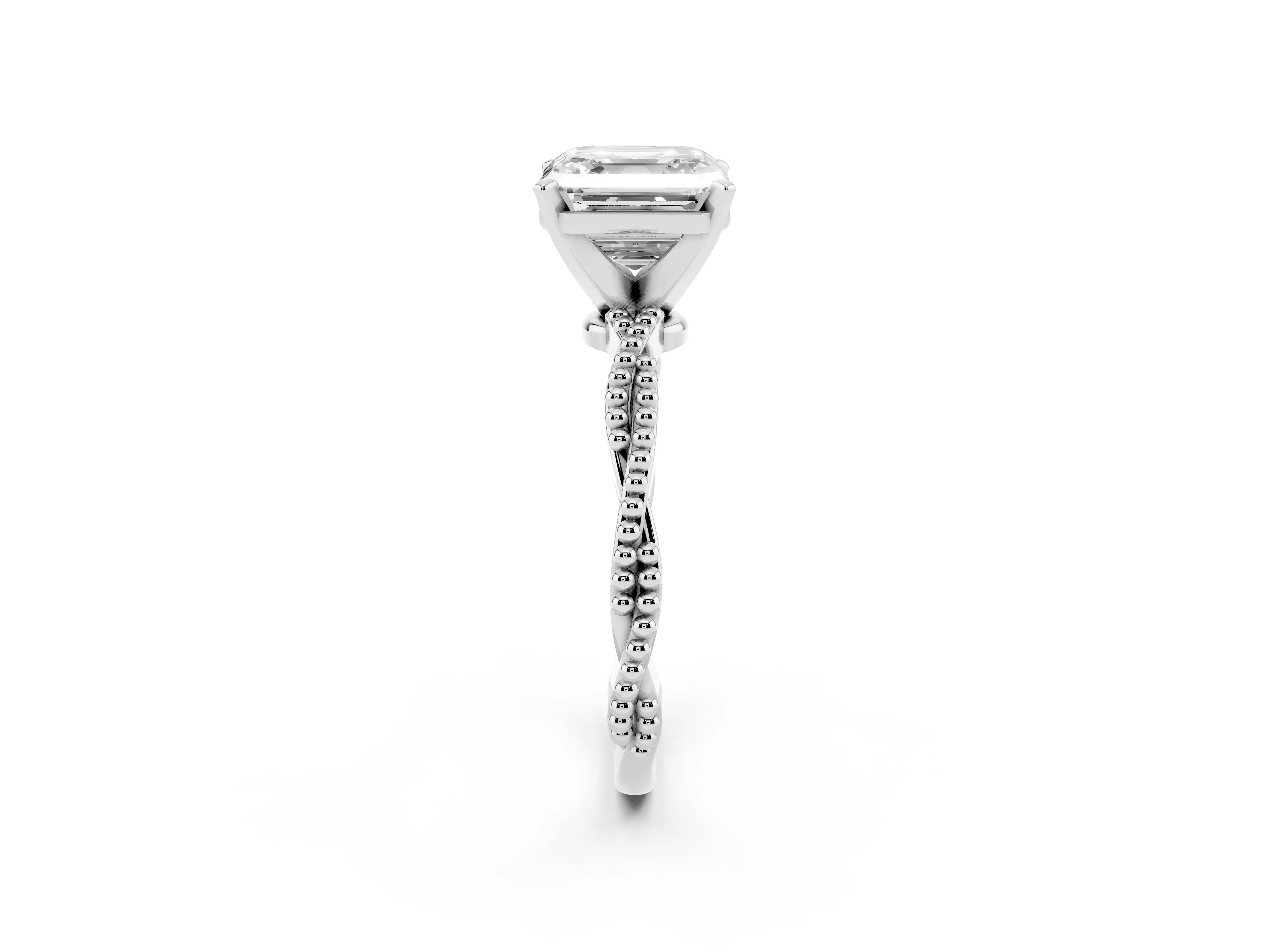 Asscher Cut Diamond Solitaire Ring Set in Platinum with Twisted Band and Bead Prong Setting