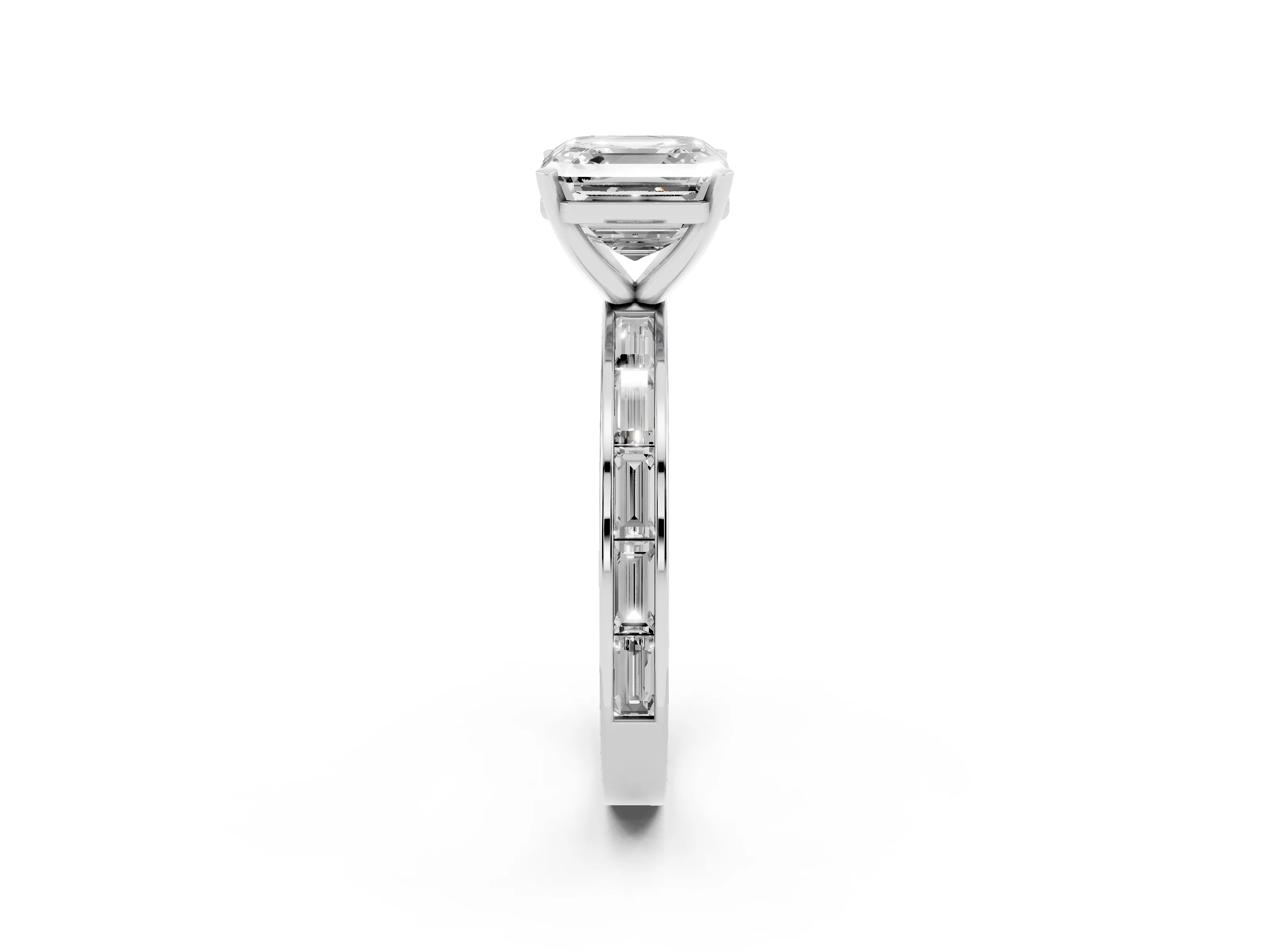 Asscher Cut Diamond Solitaire Ring Set in Silver with Channel-Set Baguette Band and Prong Setting