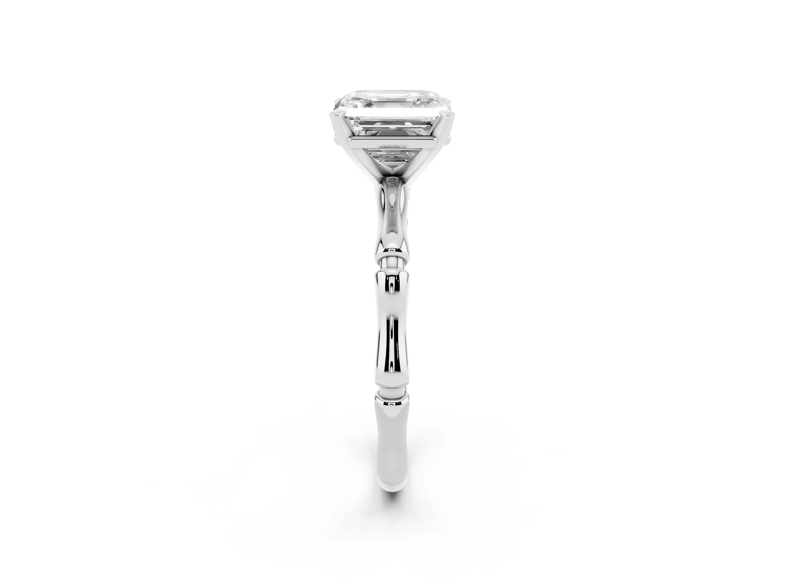 Asscher Cut Diamond Solitaire Ring Set in White gold with Bamboo Band and Prong Setting