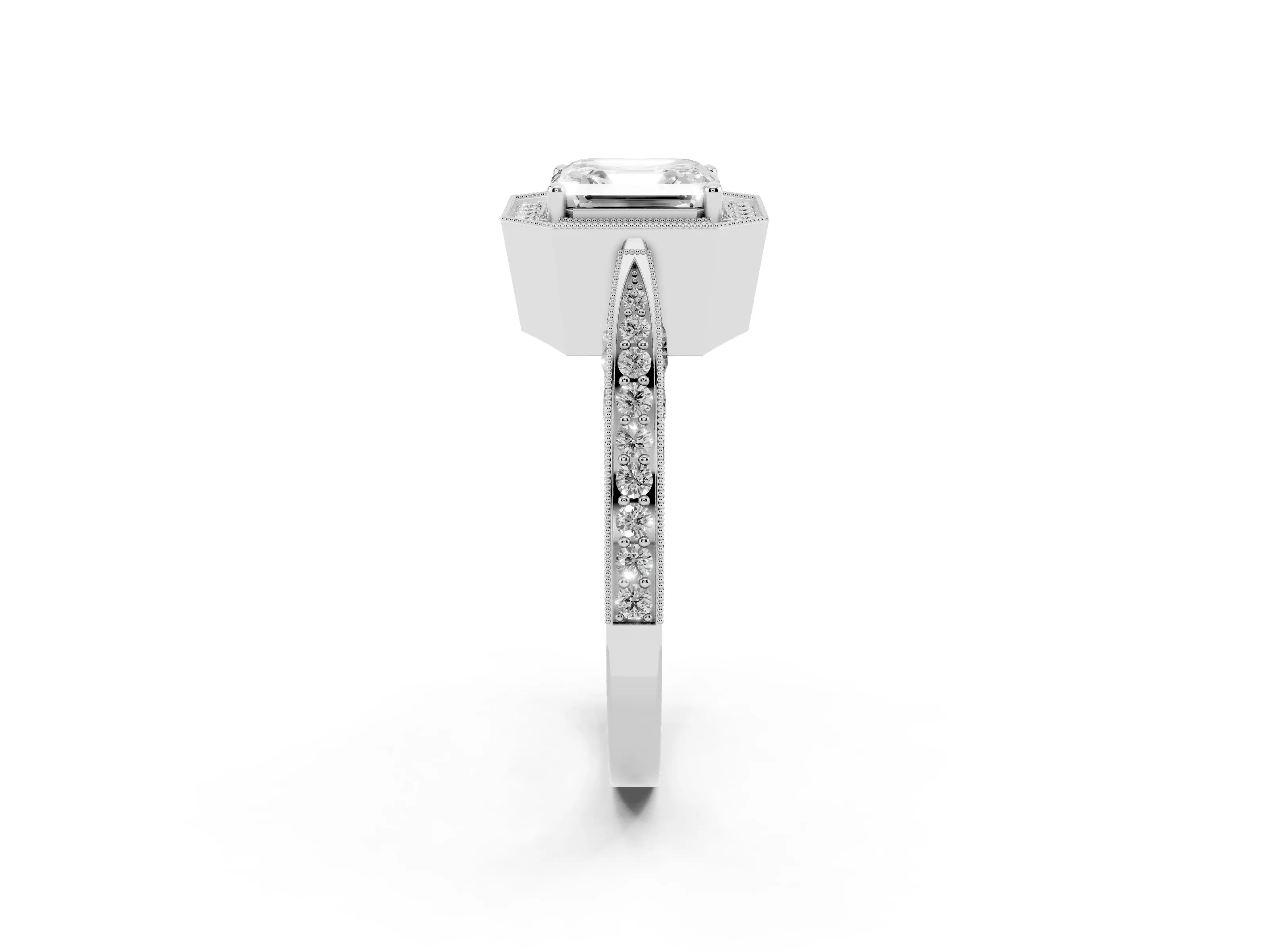 Asscher Cut Diamond Halo Engagement Ring Set in White gold with Accent Split Shank Band