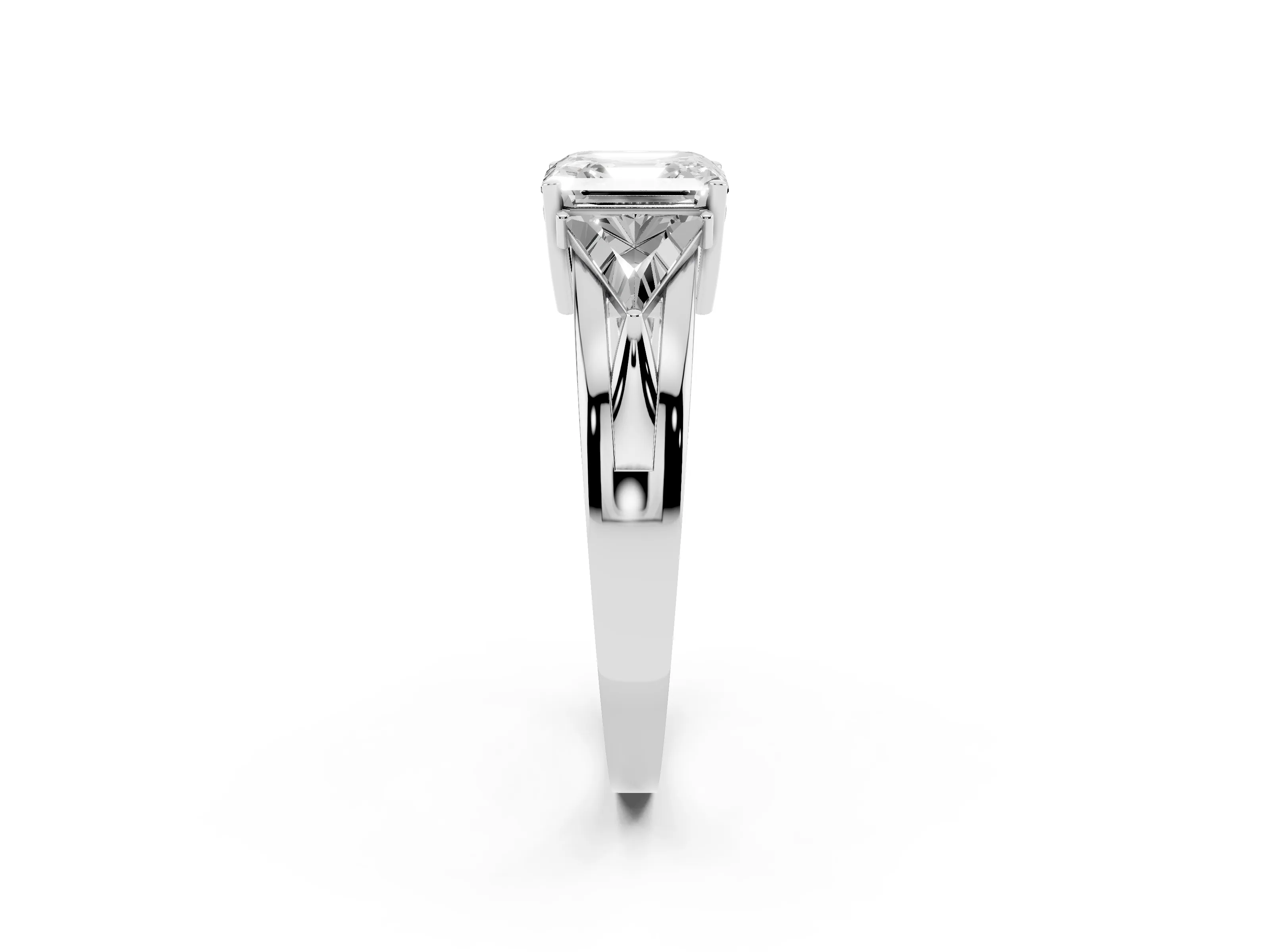 Asscher Cut Diamond Three-Stone Ring Set in Platinum with Trillion Side Stones and Split Shank