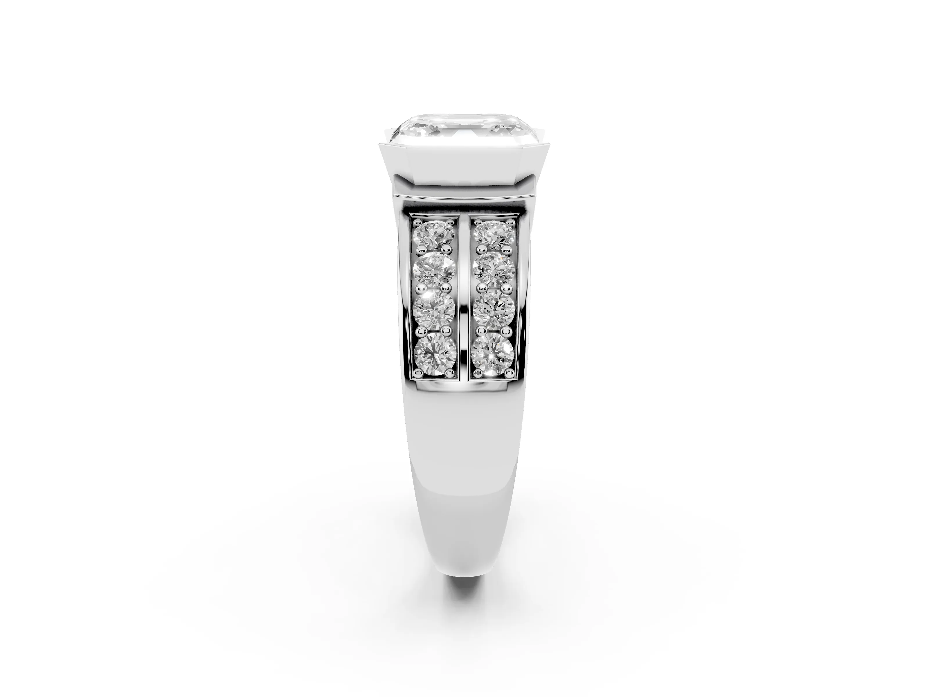 Asscher Cut Diamond Wide Channel Set Band Ring Set in Silver with Bezel Setting
