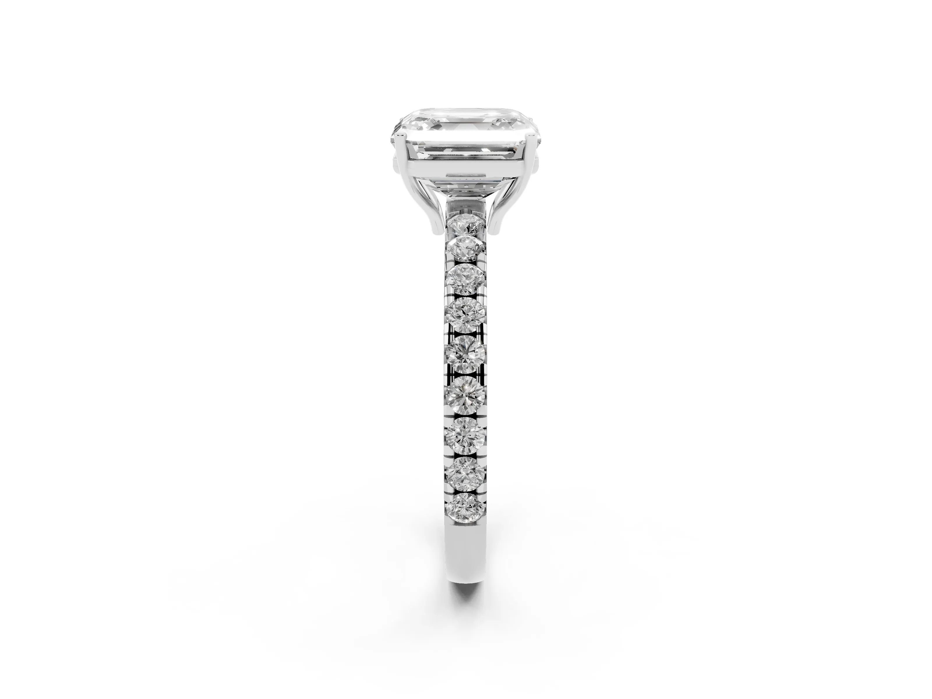 Asscher Cut Diamond Pavé Solitaire Engagement Ring Set in Platinum with Prong Setting
