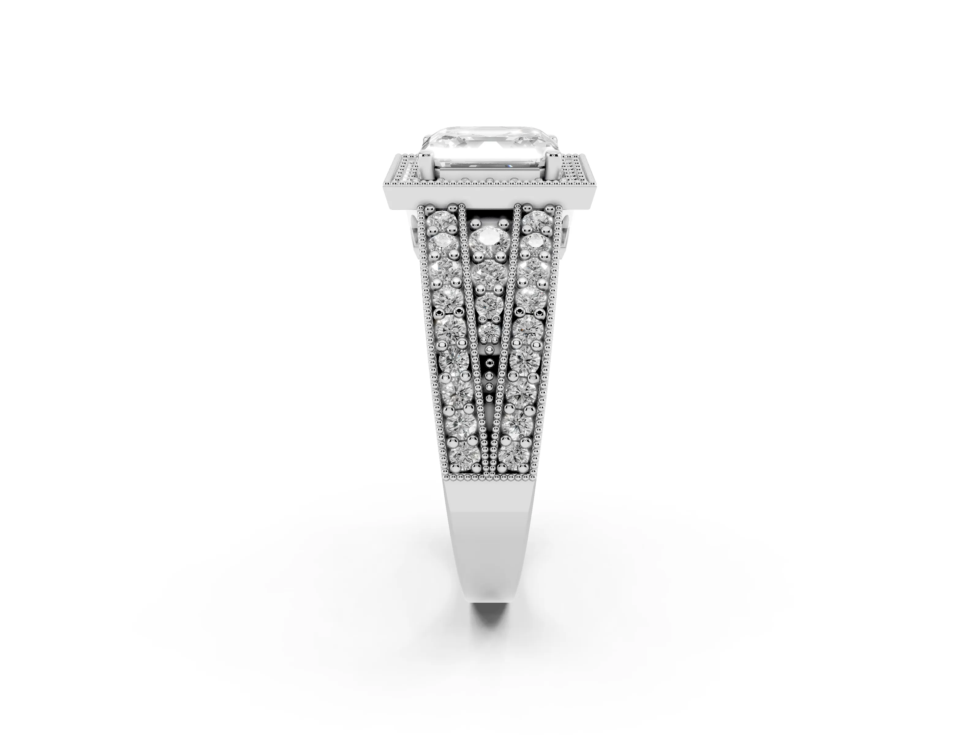 Asscher Cut Diamond Halo Ring Set in Silver with Accent Split Shank and Prong Setting