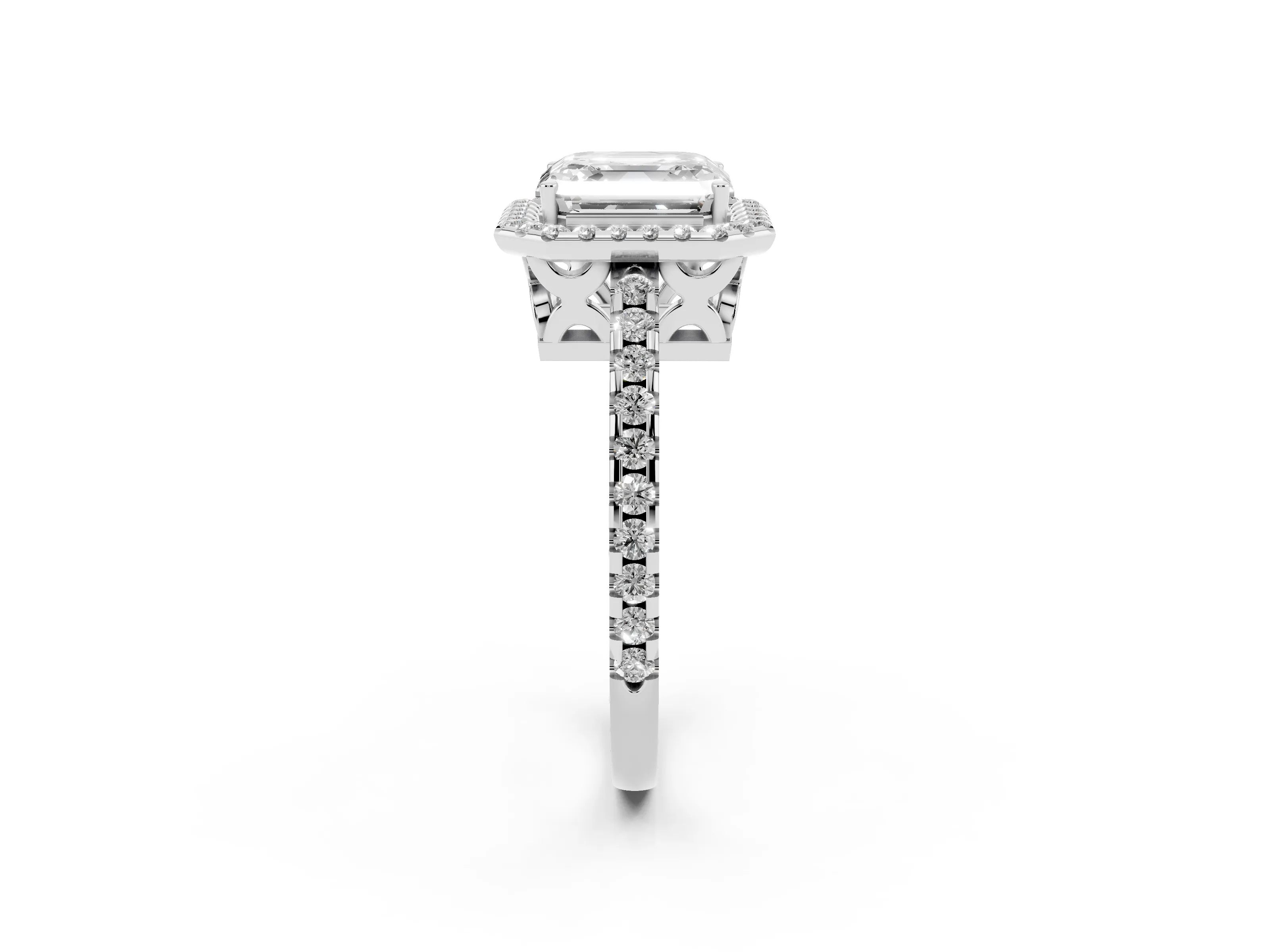 Asscher Cut Diamond Halo Ring Set in Platinum with Pavé Shoulders and Halo-Framed Center