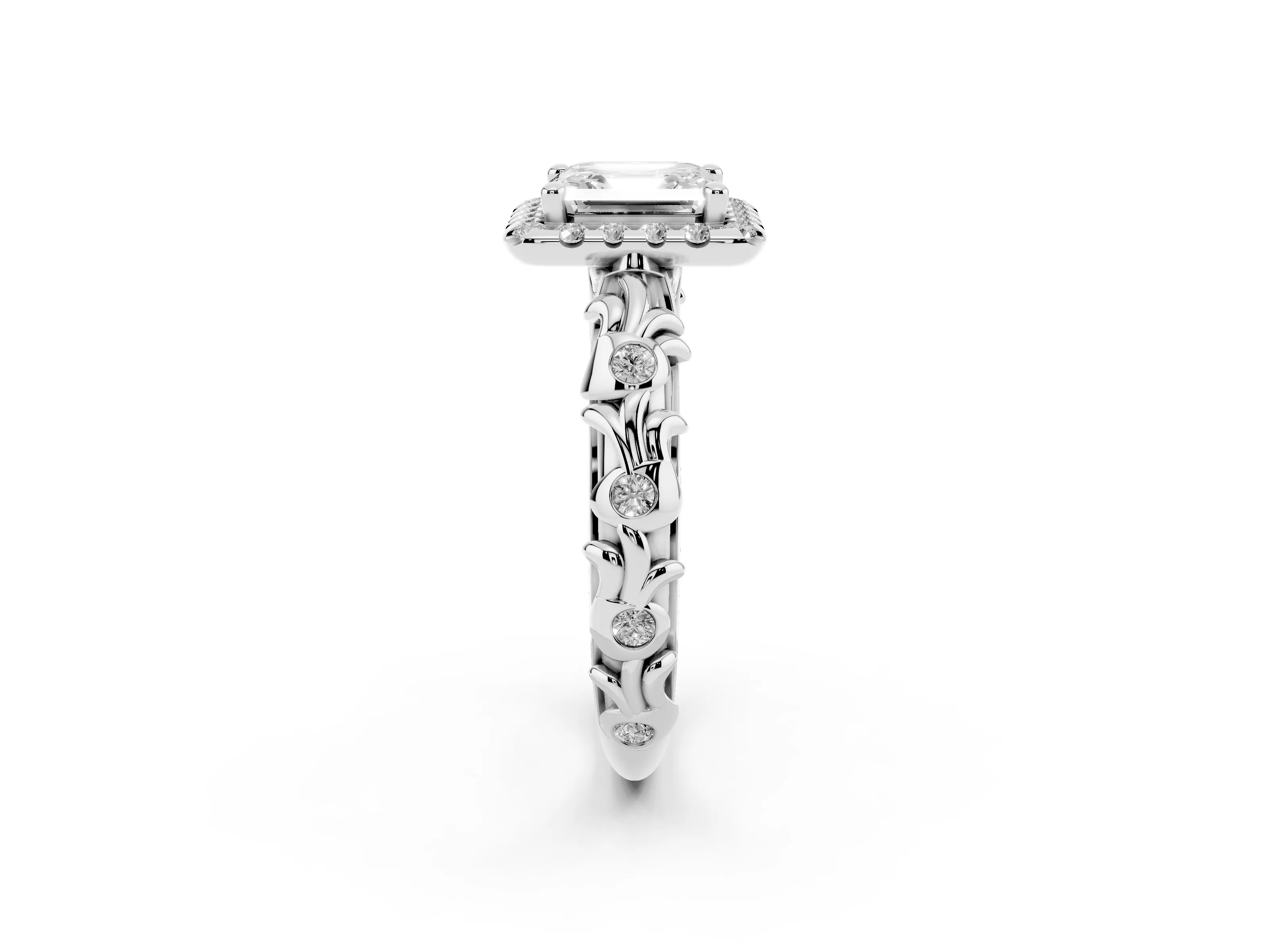 Asscher Cut Diamond Halo Ring Set in Silver with Filigree Leaf Band and Prong Setting