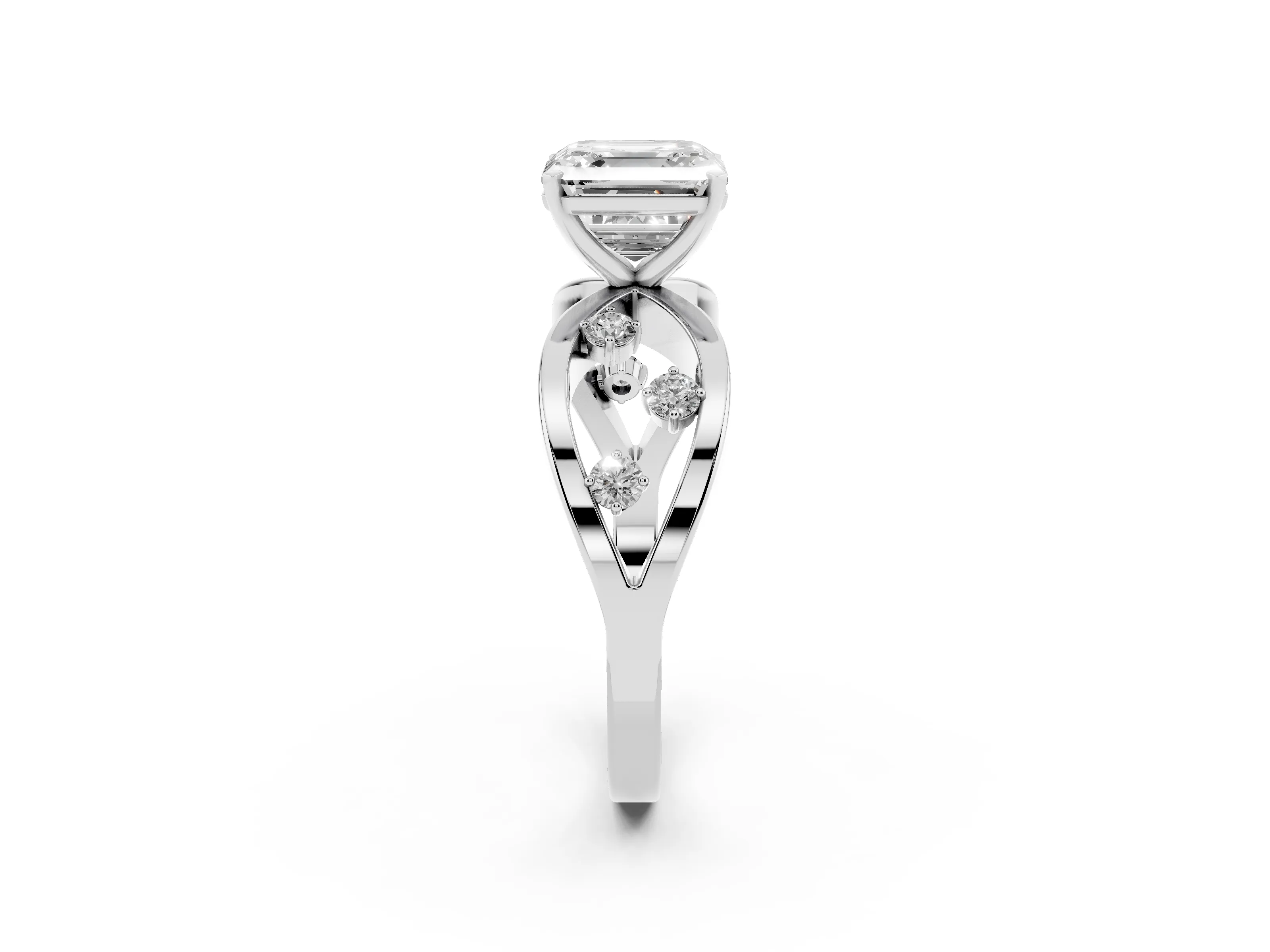 Asscher Cut Diamond Solitaire Ring Set in White gold with Side Stones on Criss-Cross Band and Prong Setting