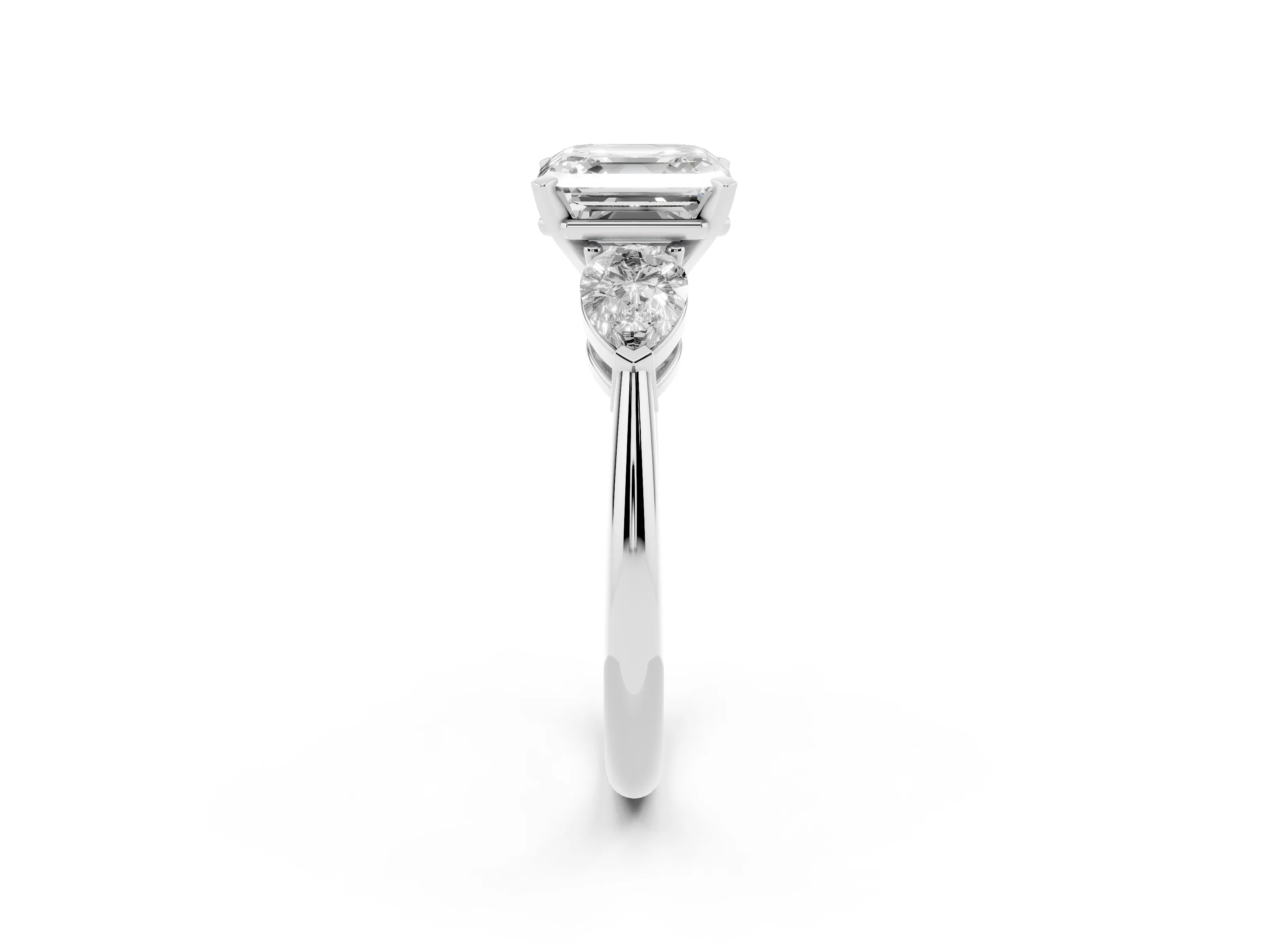 Three-Stone Asscher Cut Diamond Ring Set in Silver with Pear Side Stones and Prong Setting