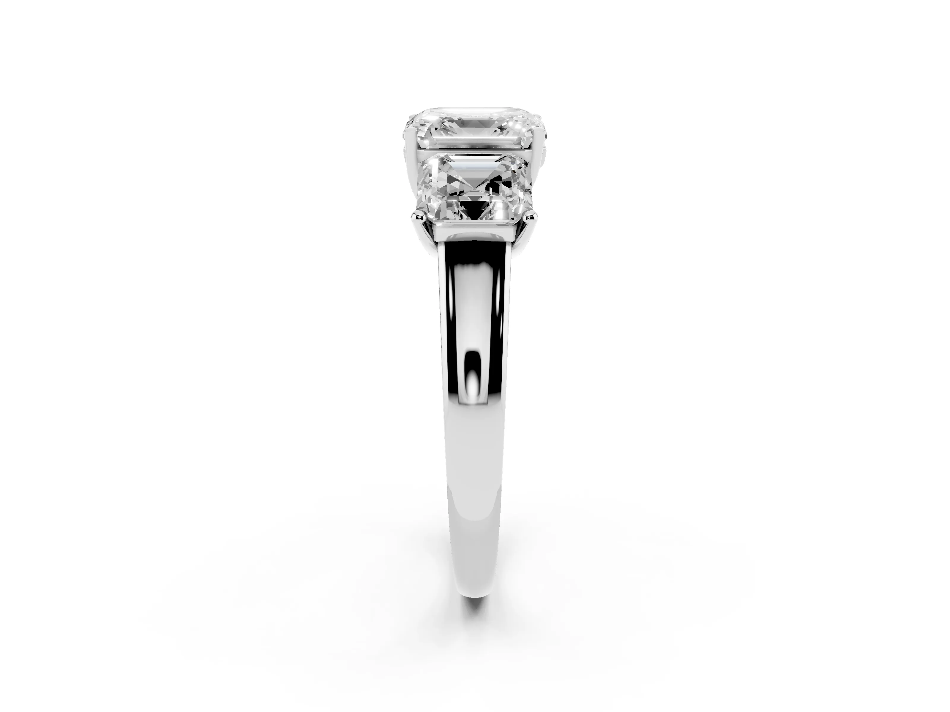 Asscher Cut Diamond Three-Stone Ring Set in Silver with Classic Prong Setting and Plain Band