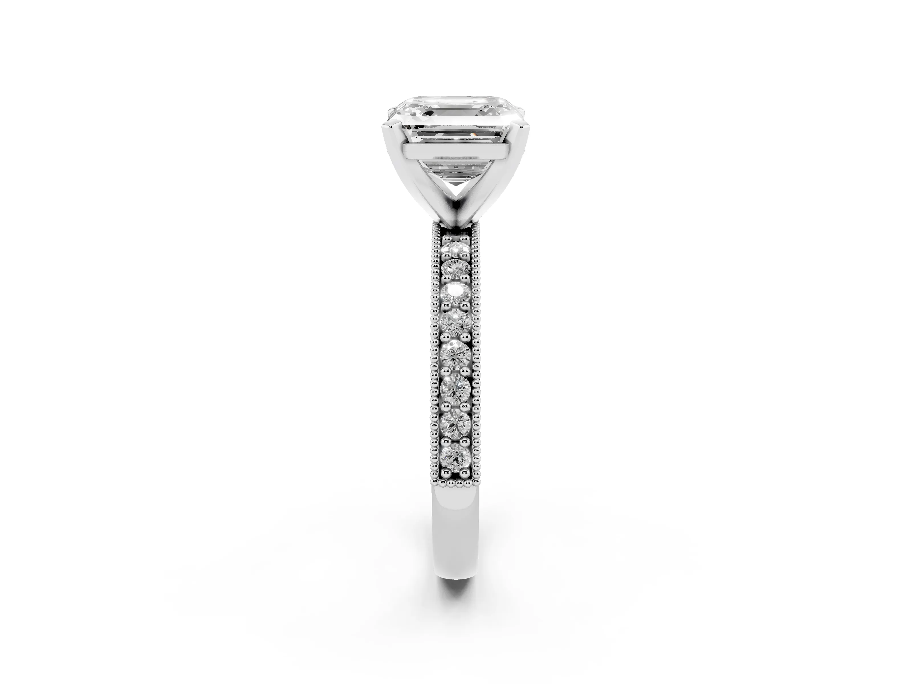 Asscher Cut Diamond Milgrain Pavé Engagement Ring Set in Silver with Prong Setting