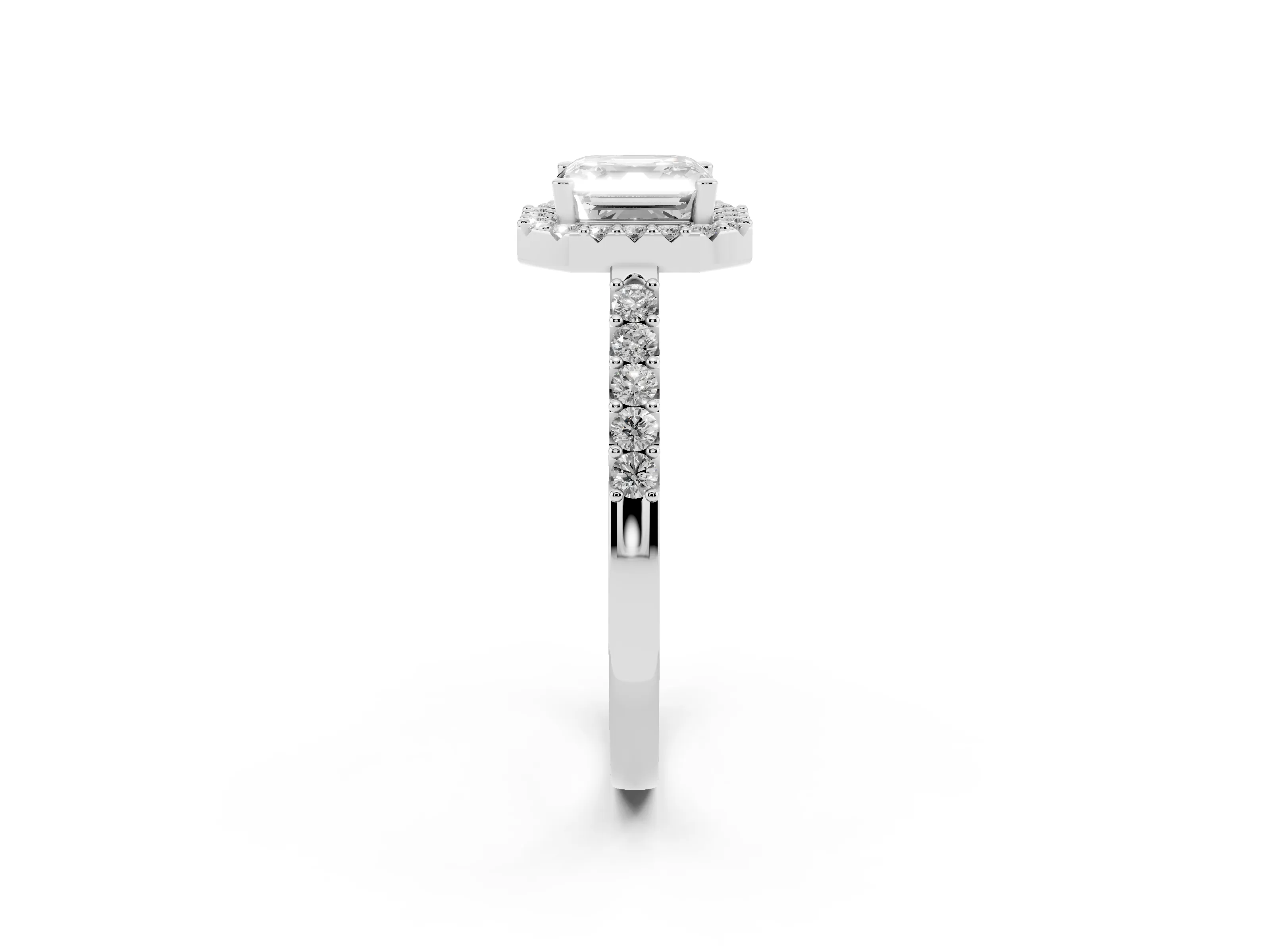Asscher Cut Diamond Halo Pavé Solitaire Ring Set in White gold with Prong-Set Center Stone