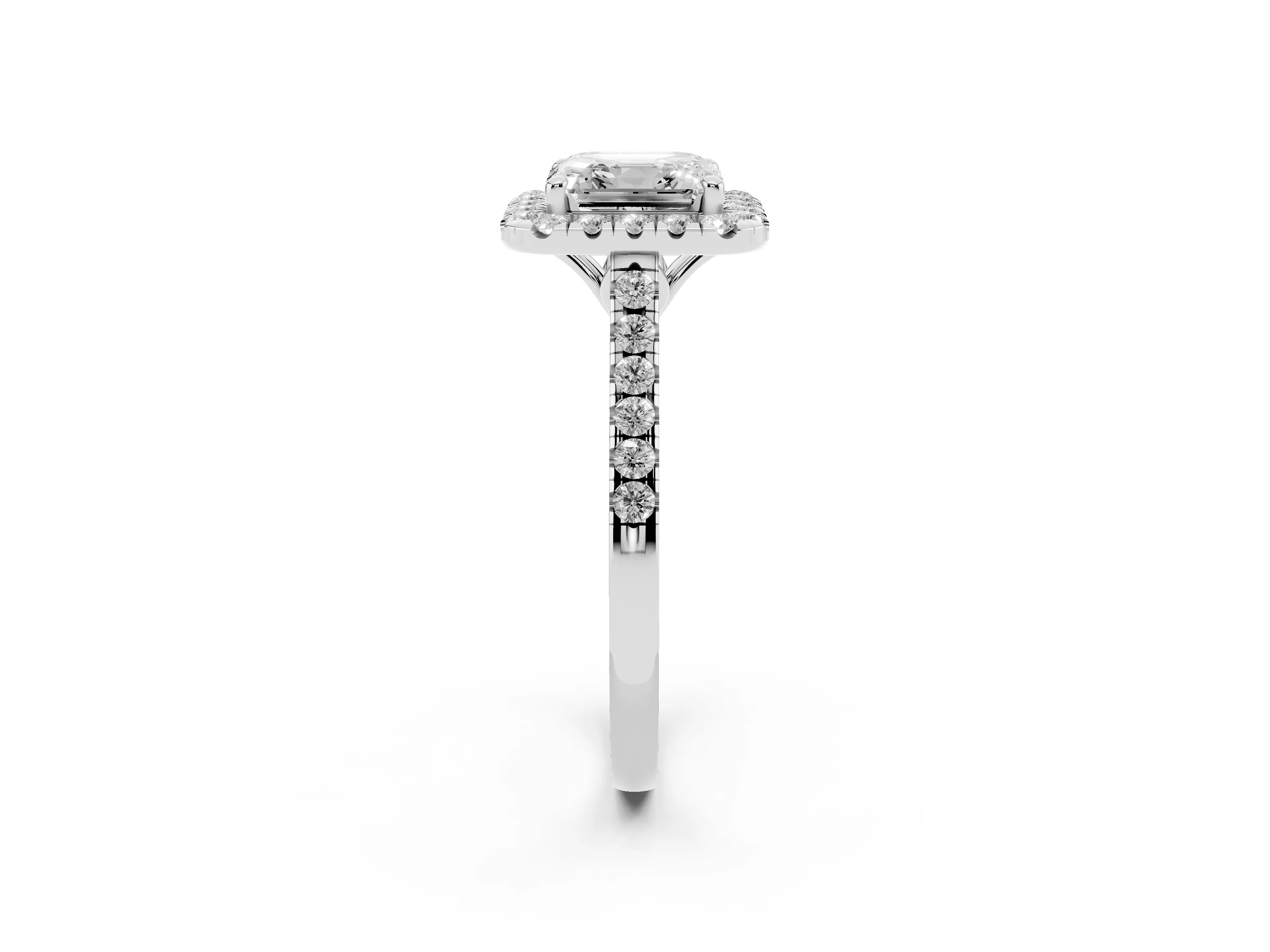 Asscher Cut Diamond Pavé Halo Engagement Ring Set in White gold with Pavé Band and Prong Setting