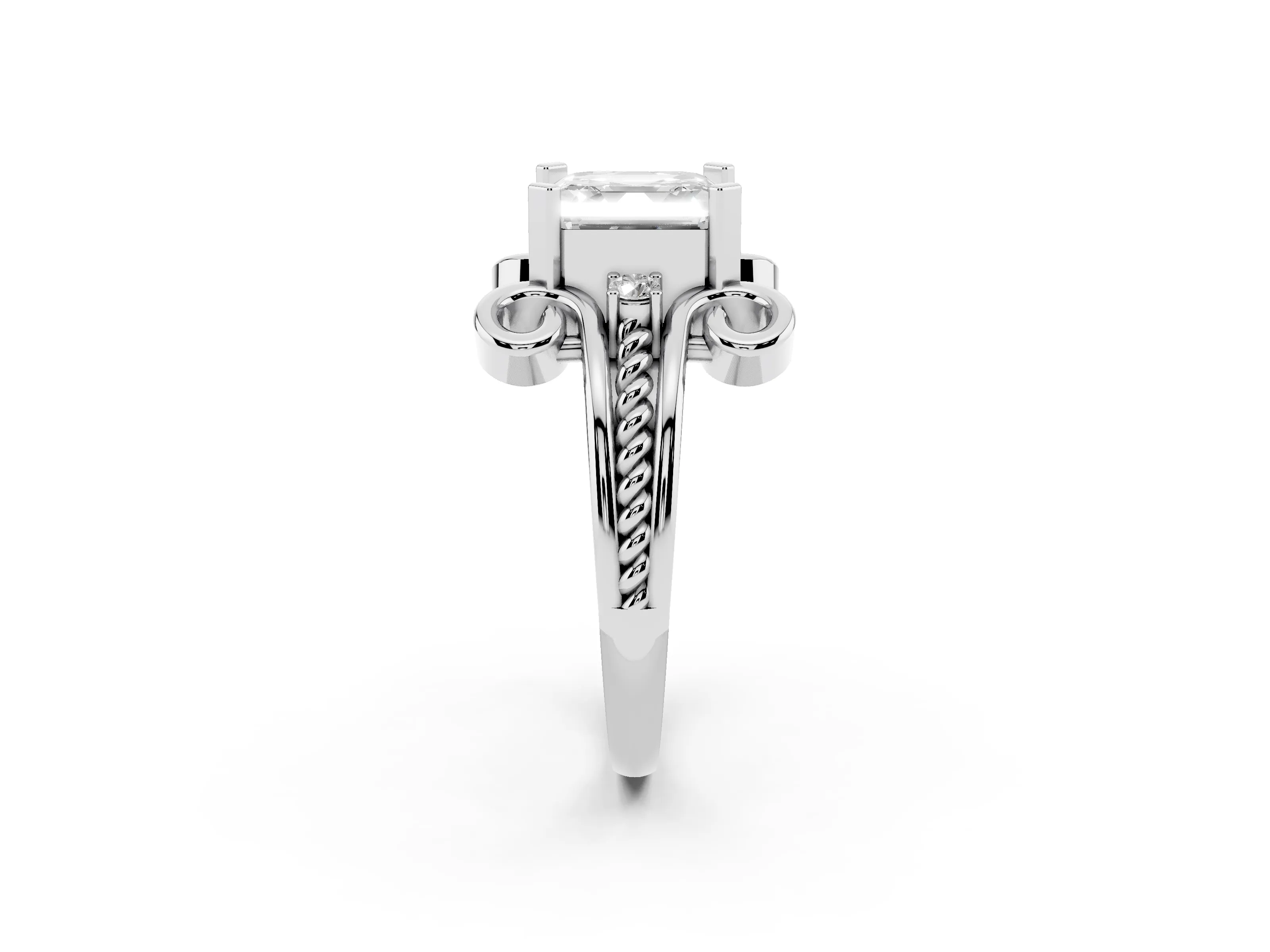 Asscher Cut Diamond Twisted Band Solitaire Ring Set in Platinum with Scroll Prongs