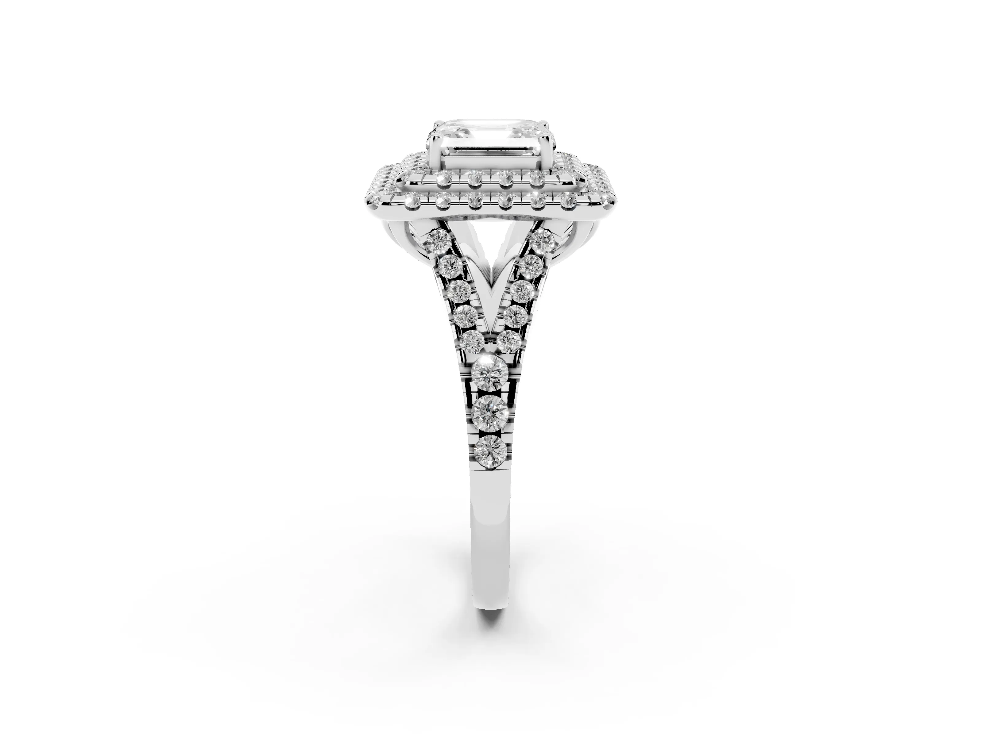 Asscher Cut Diamond Double Halo Ring Set in Platinum with Pavé Split Shank and Prong Setting