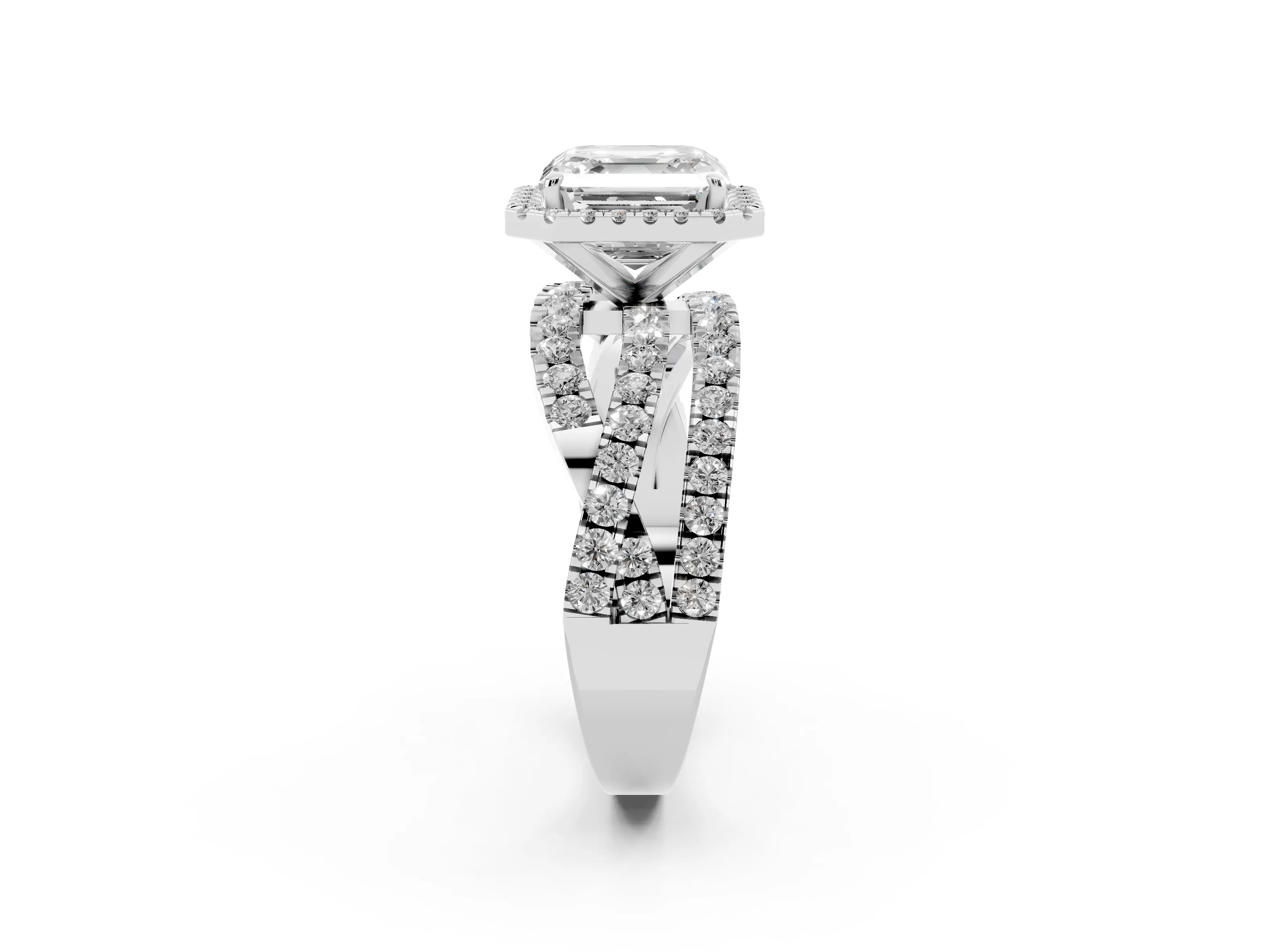 Asscher Cut Diamond Halo Ring Set in White gold with Round Crossover Split Shank and Prong Setting