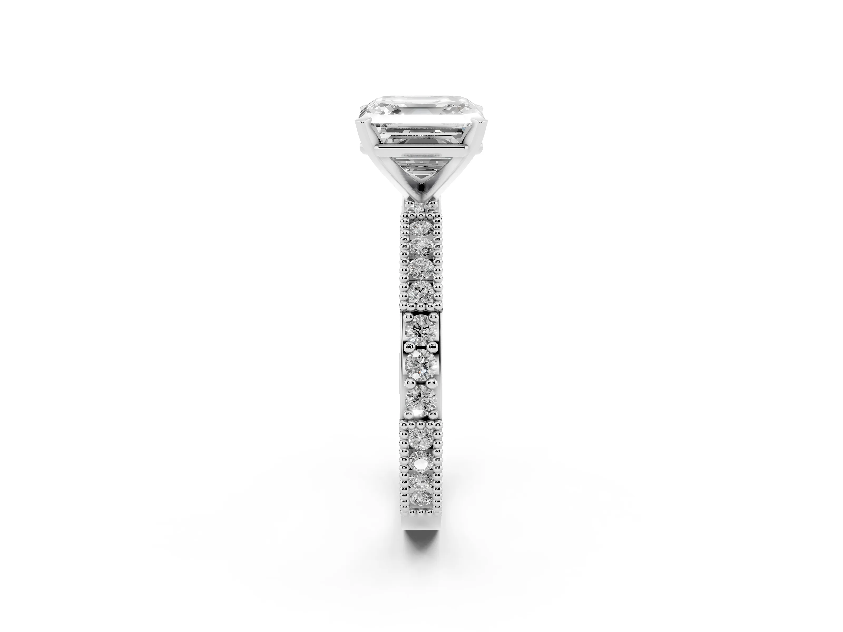 Asscher Cut Diamond Solitaire Ring Set in Silver with Slim Pavé Band and Prong Setting