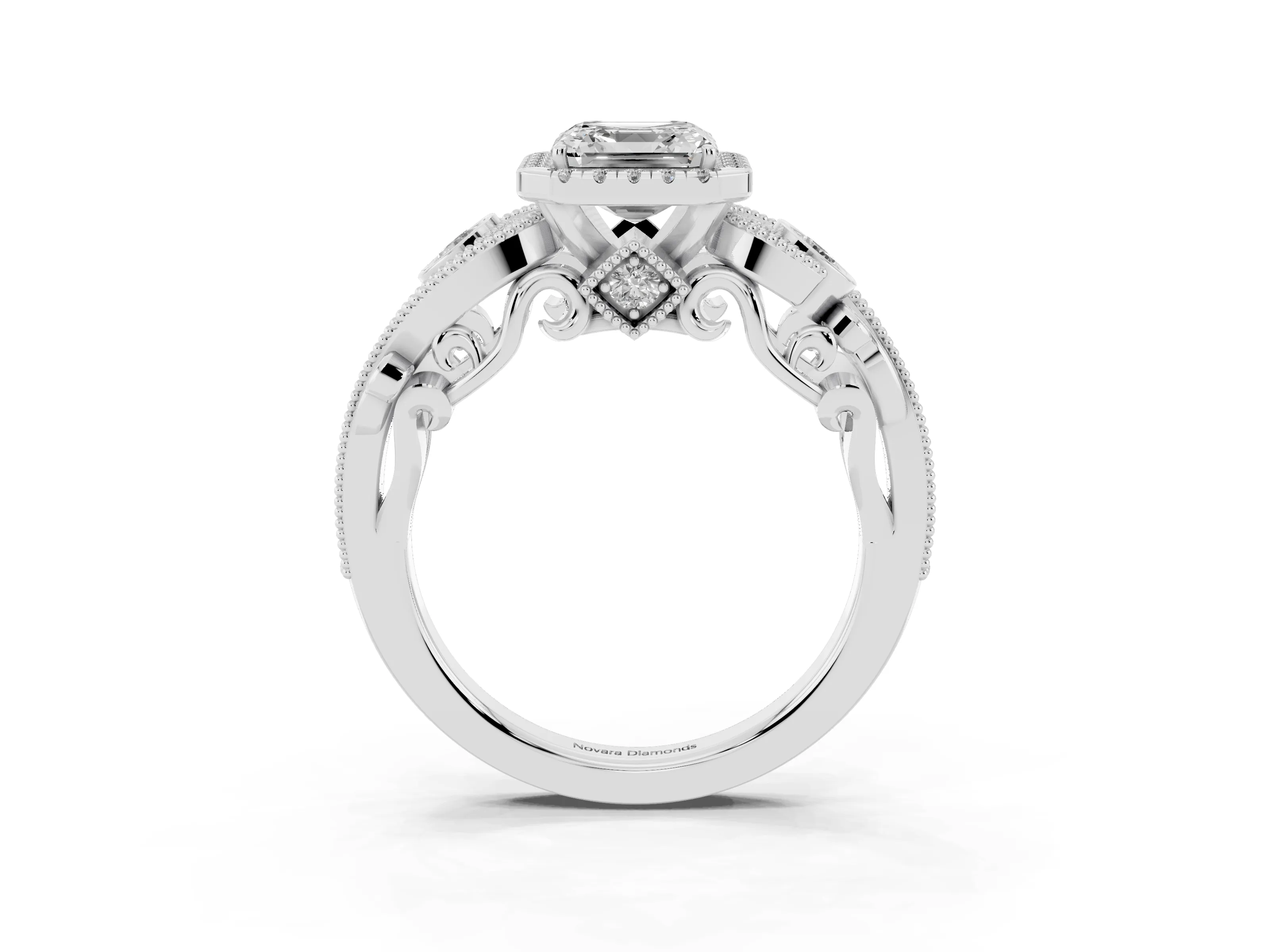 Asscher Cut Diamond Halo Ring Set in White gold with Milgrain Pavé Band and Prong Setting