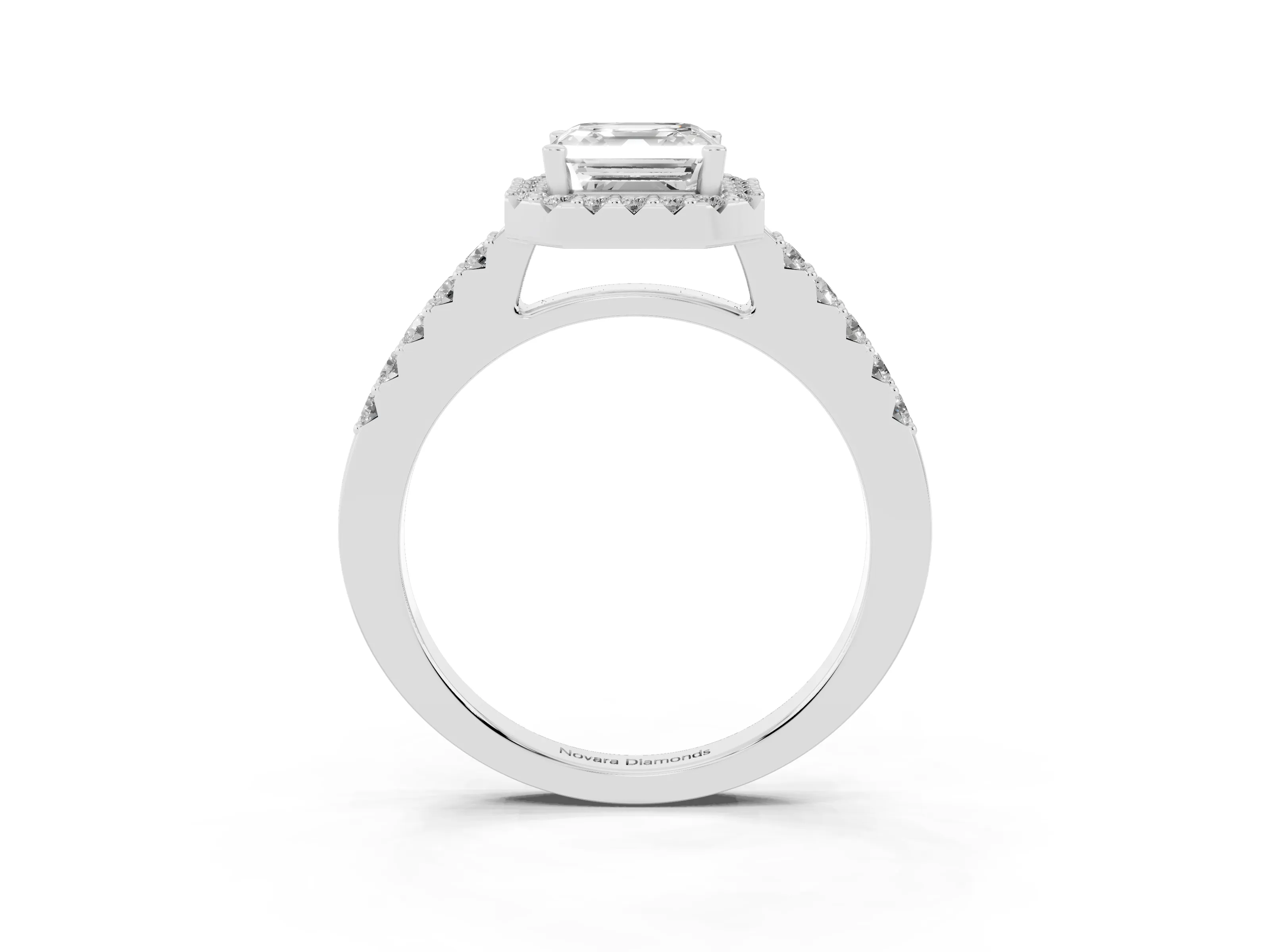 Asscher Cut Diamond Halo Pavé Solitaire Ring Set in White gold with Prong-Set Center Stone