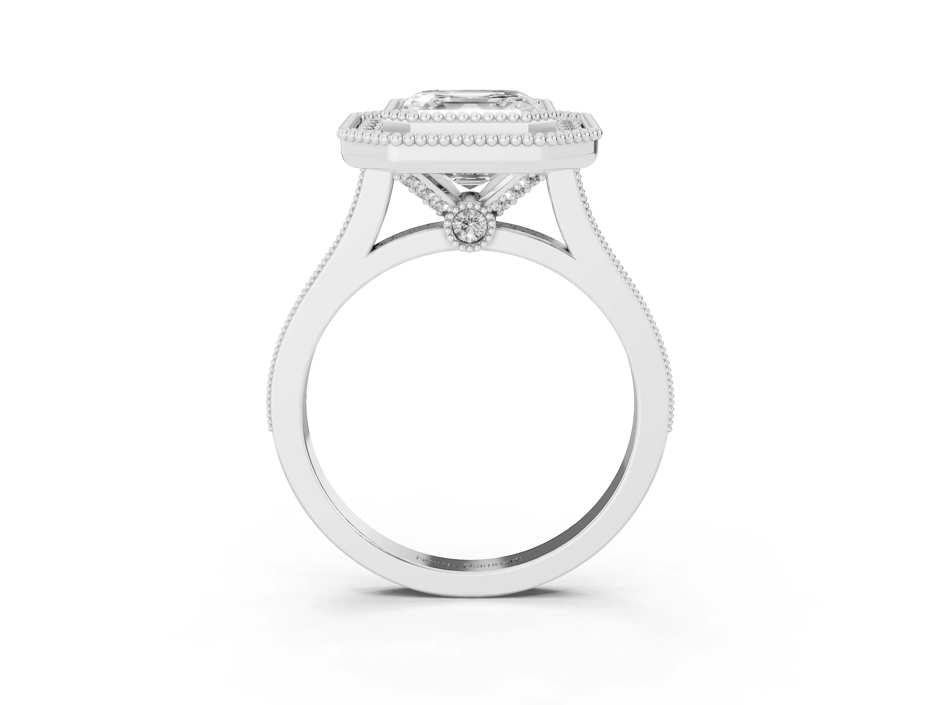 Asscher Cut Diamond Halo Ring Set in Silver with Milgrain Frame and Pavé Band